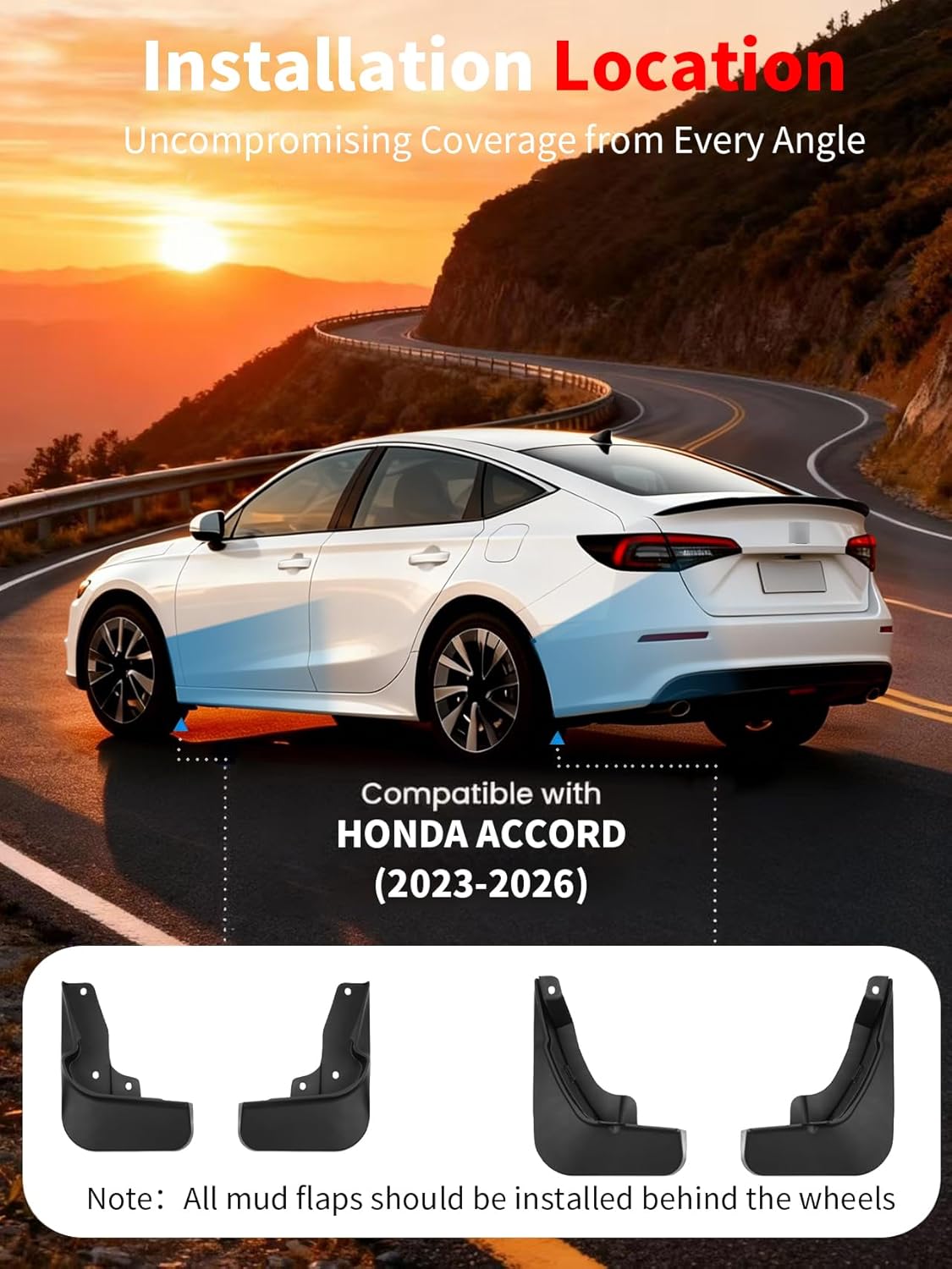 No Drill Mud Flaps for 2023-2026 Honda Accord, Heavy Duty Front & Rear All Weather Splash Guards Set for LX/SE/EX/EX-L Hybrid Sport/Sport-L Touring Models, OEM-Style Textured Black Mud Guards