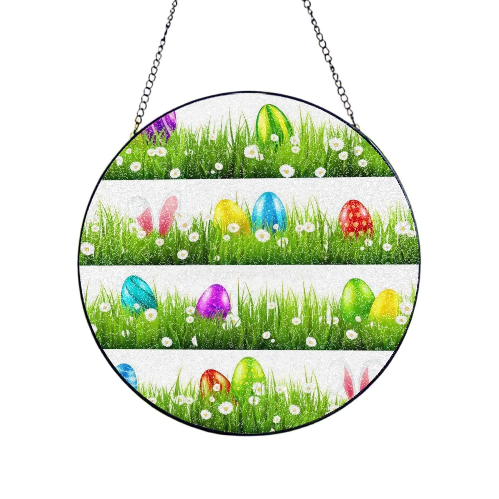 Phayah Colorful Easter Print Glass Window Hanging Round Suncatcher Glass Ornament Garden Wall Fence Decorations Indoor Outdoor 12in（30cm）