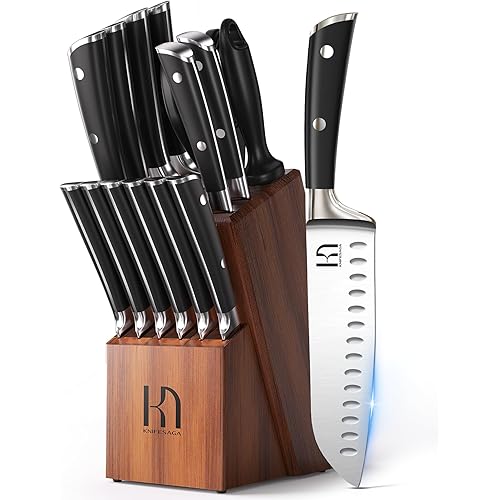Knife Set, 15 Pcs Kitchen Knife Block Sets with Sharpener, Japanese High Carbon Stainless Steel Set of Knives, Premium Razor Sharp Black Knives Set with Block for Kitchen, Ergonomic Handle