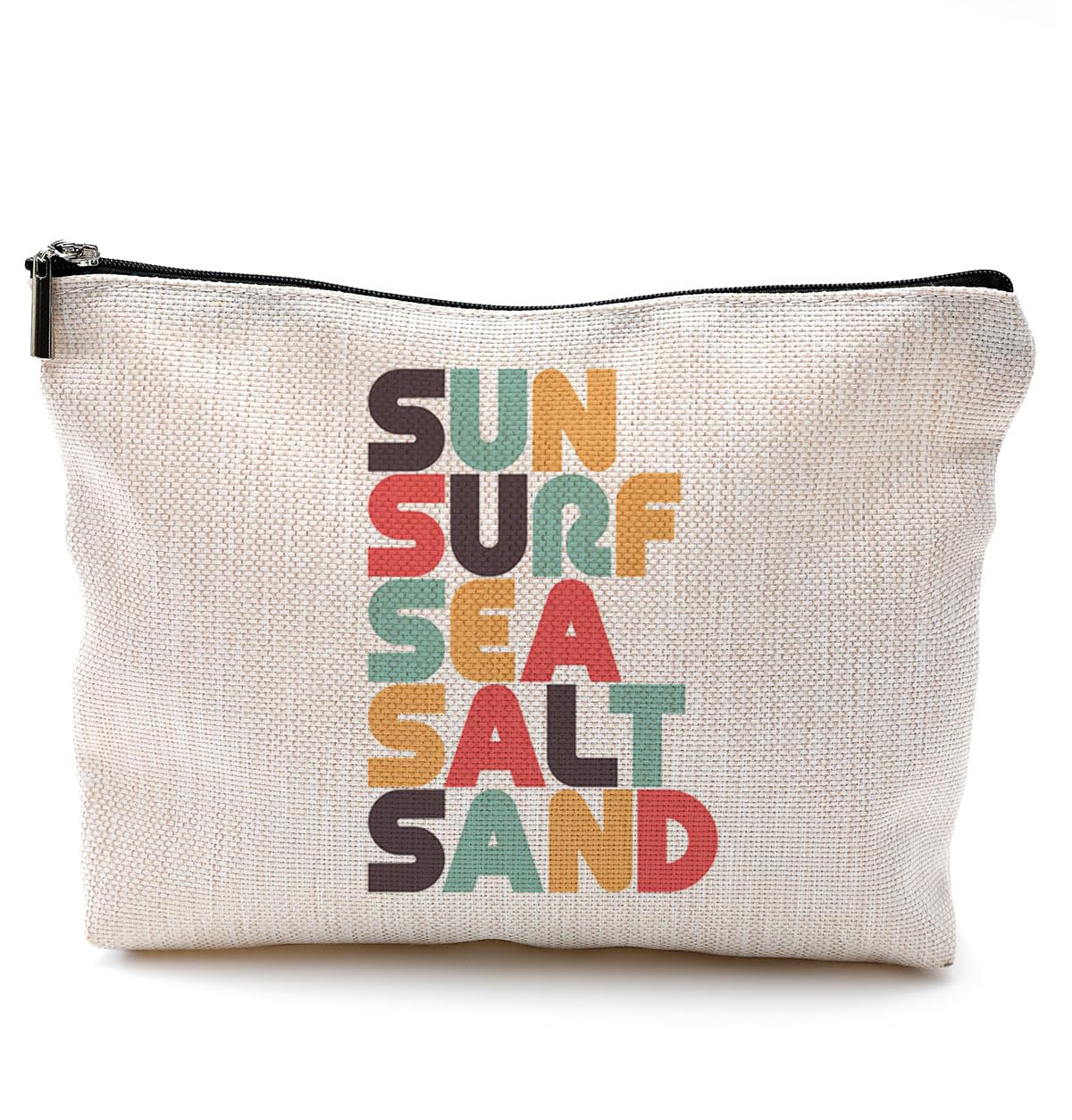 Sun Surf Sea Salt Sand Summer Beach Retro Colorful Word Art Makeup Bag,Surfing Gifts Cosmetic Makeup Bag for Women Teen Girls,Summer Party Gifts Makeup Bag