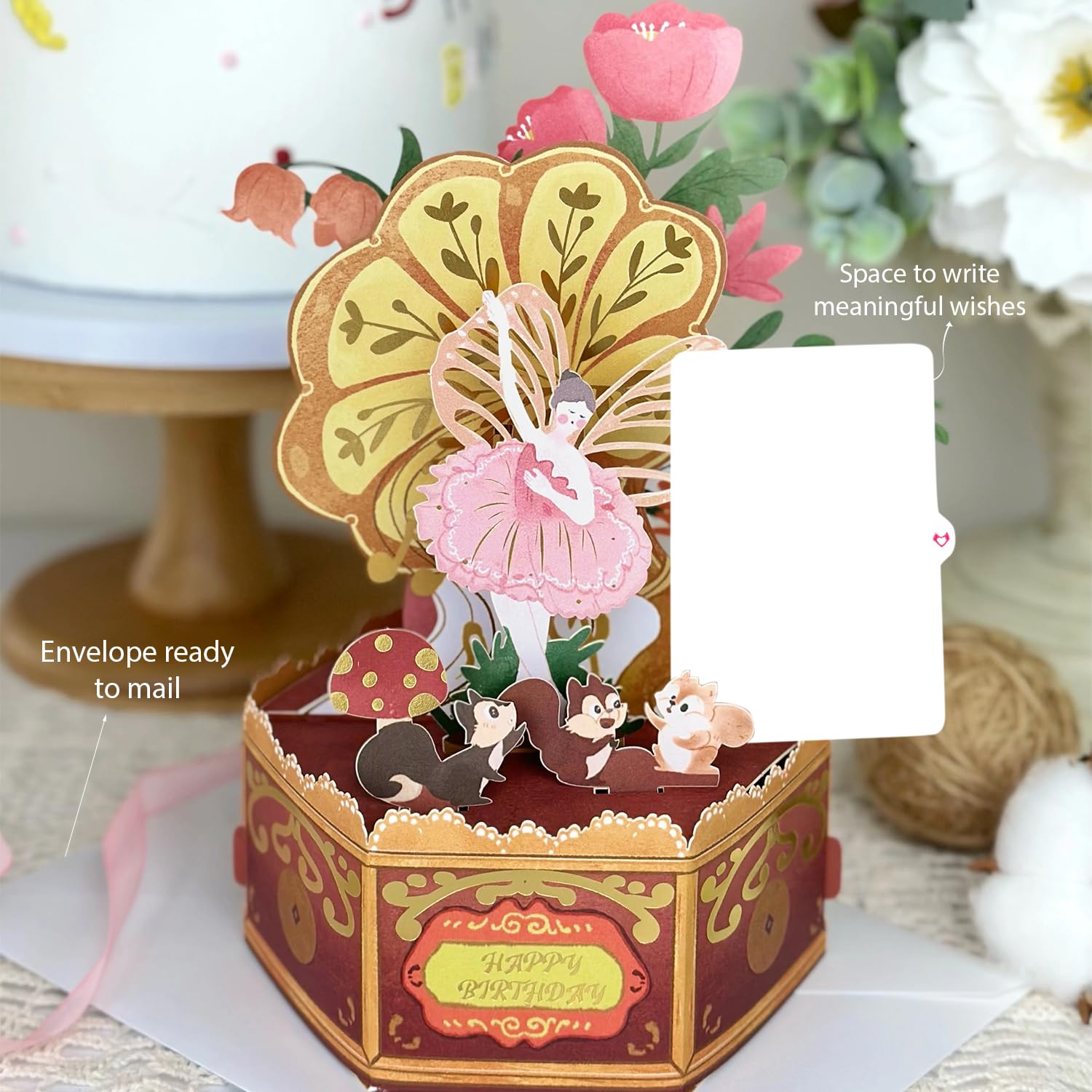 SATONA Tarjeta de cumpleaños 3D de hadas emergente, diseño de bosque encantado hecho a mano con flores y animales lindos, tarjeta de felicitación de fantasía única para niñas, mujeres y amantes de los