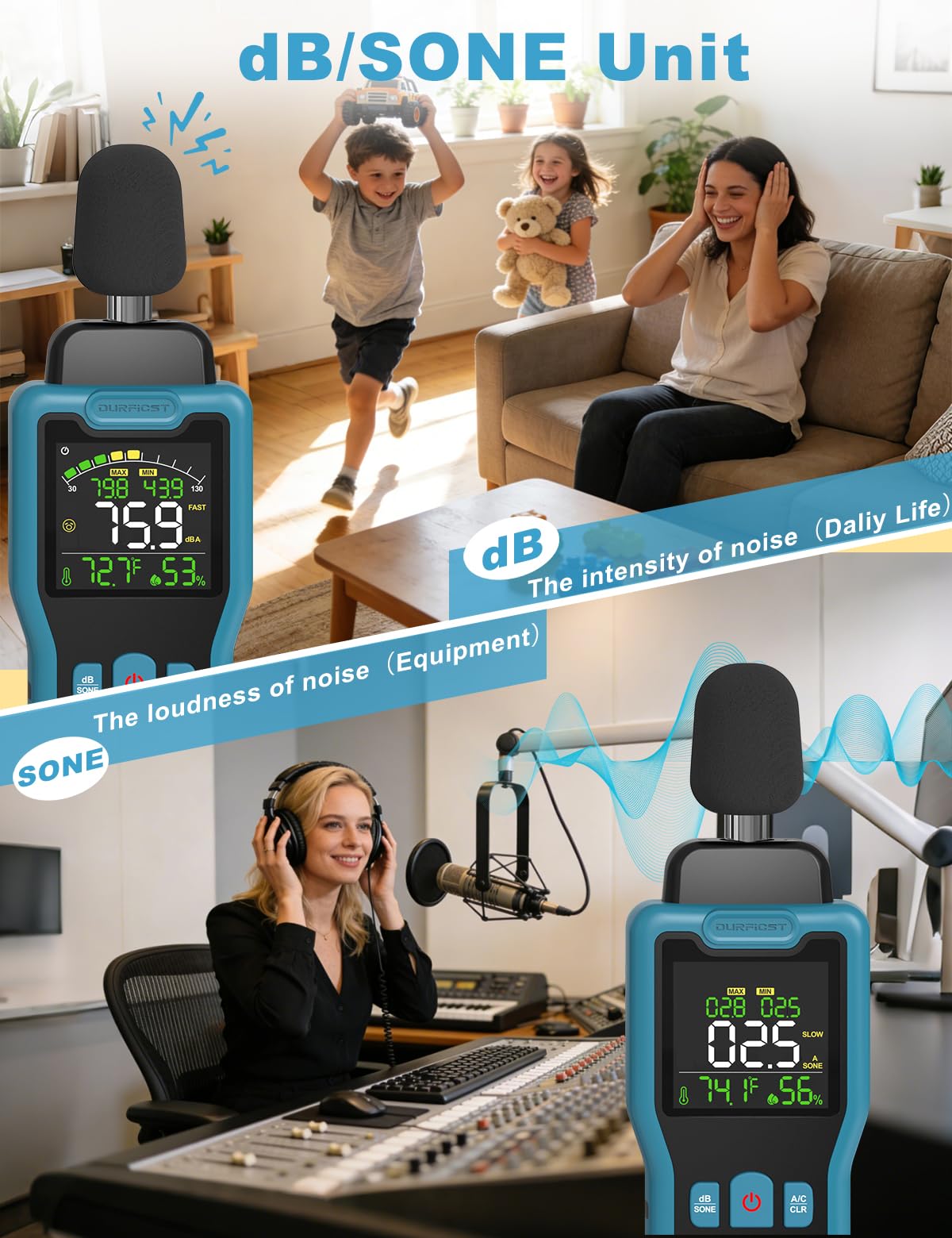 Sonometro, DURFICST Medidor de Decibelios con Temperatura y Humedad, Rango de 30-130 dB, Decibelimetro con Pantalla LCD a Color, Ponderación A/C, Unidad dB/SON, Respuesta RÁPIDA/LENTA, para Doméstico