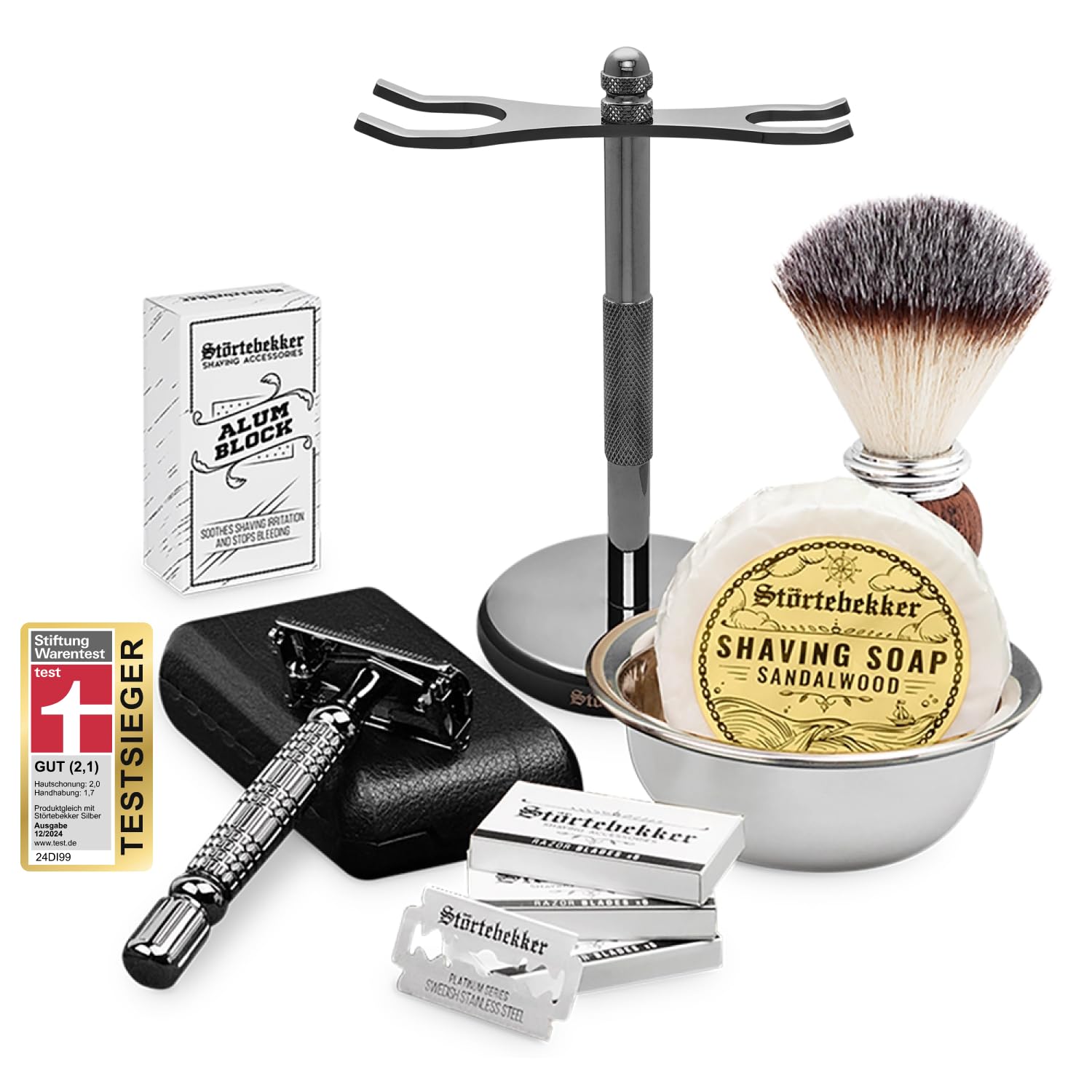 Störtebekker Gentleman Essential Set - Set da rasatura di alta qualità - rasatura perfetta - con rasoio, pennello da barba, sapone da barba, ciotola, lamette, supporto e pietra di allume (Nero)