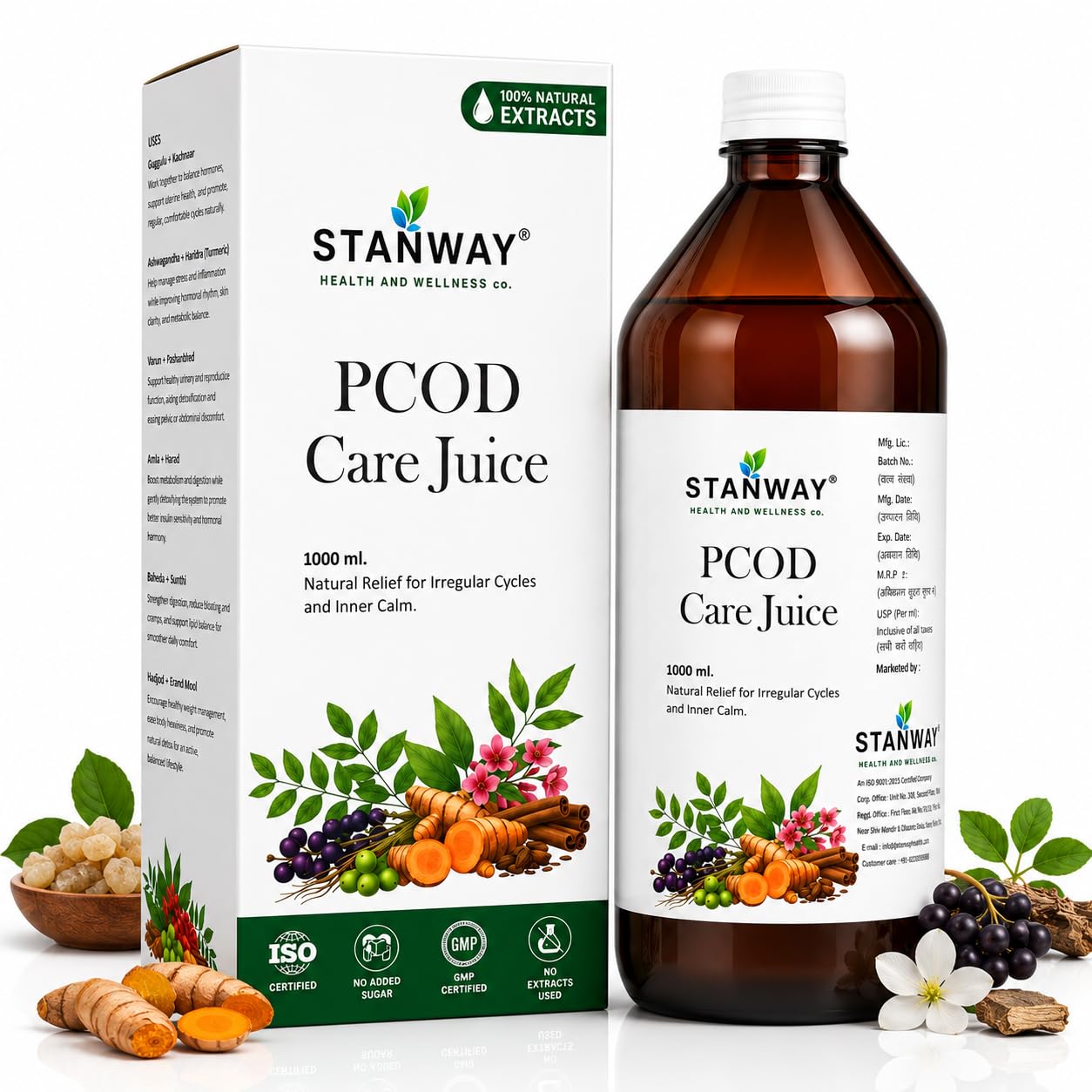 STANWAY PCOD Care Juice for Women | Ayurvedic Proprietary Herbal Juice | with Guggulu, Kachnaar, Ashwagandha, Haridra, Amla & Varun | Daily Women's Wellness Drink | No Added Sugar | 1000 ml-image-39