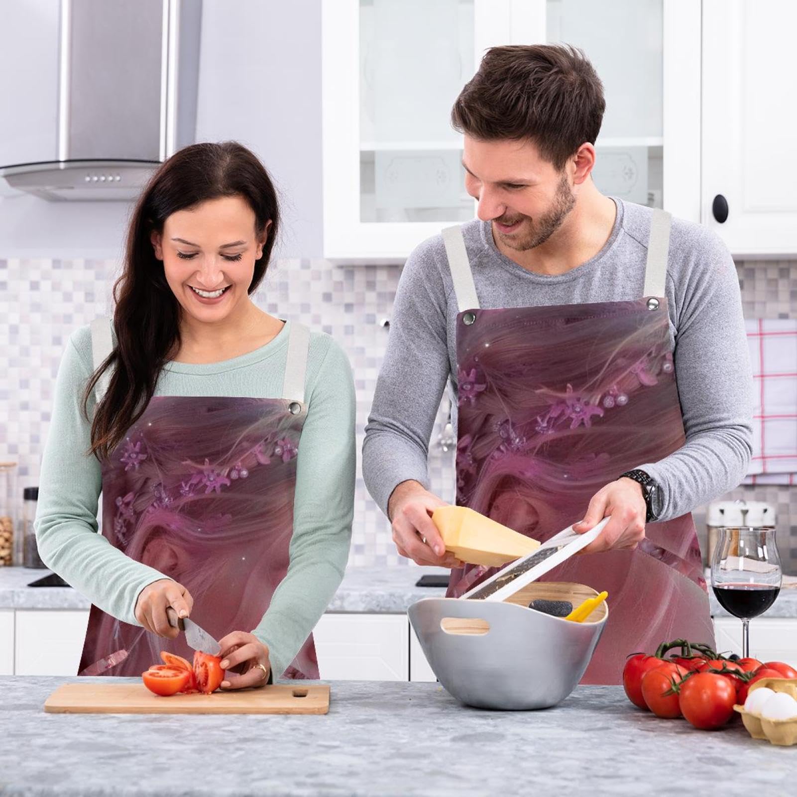 Lot de 2 tabliers de cuisine imperméables et réglables avec 2 poches pour homme et femme Motif princesse Rose, Princesse Fleur Rose, L:26.2x34.6in/66.5x88cm;M:26.2x26.6in/66.5x67.5cm
