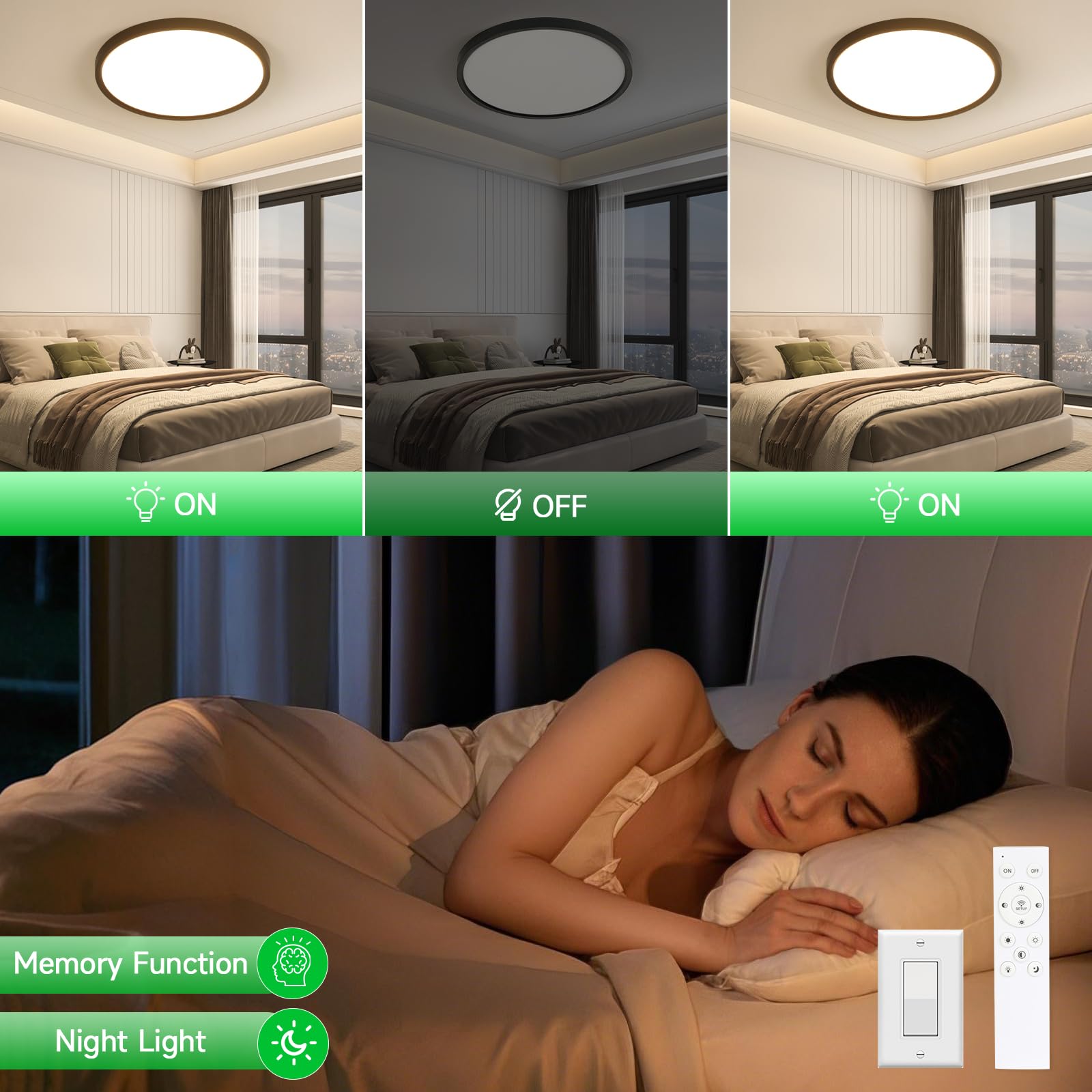 OTREN Lampa sufitowa LED do ściemniania 52 W, 5200 lm, z pilotem, trybem nocnym i funkcją pamięci, czarna 3000 K - 6500 K, wodoodporna IP44, do łazienki, kuchni i sypialni, 50 cm