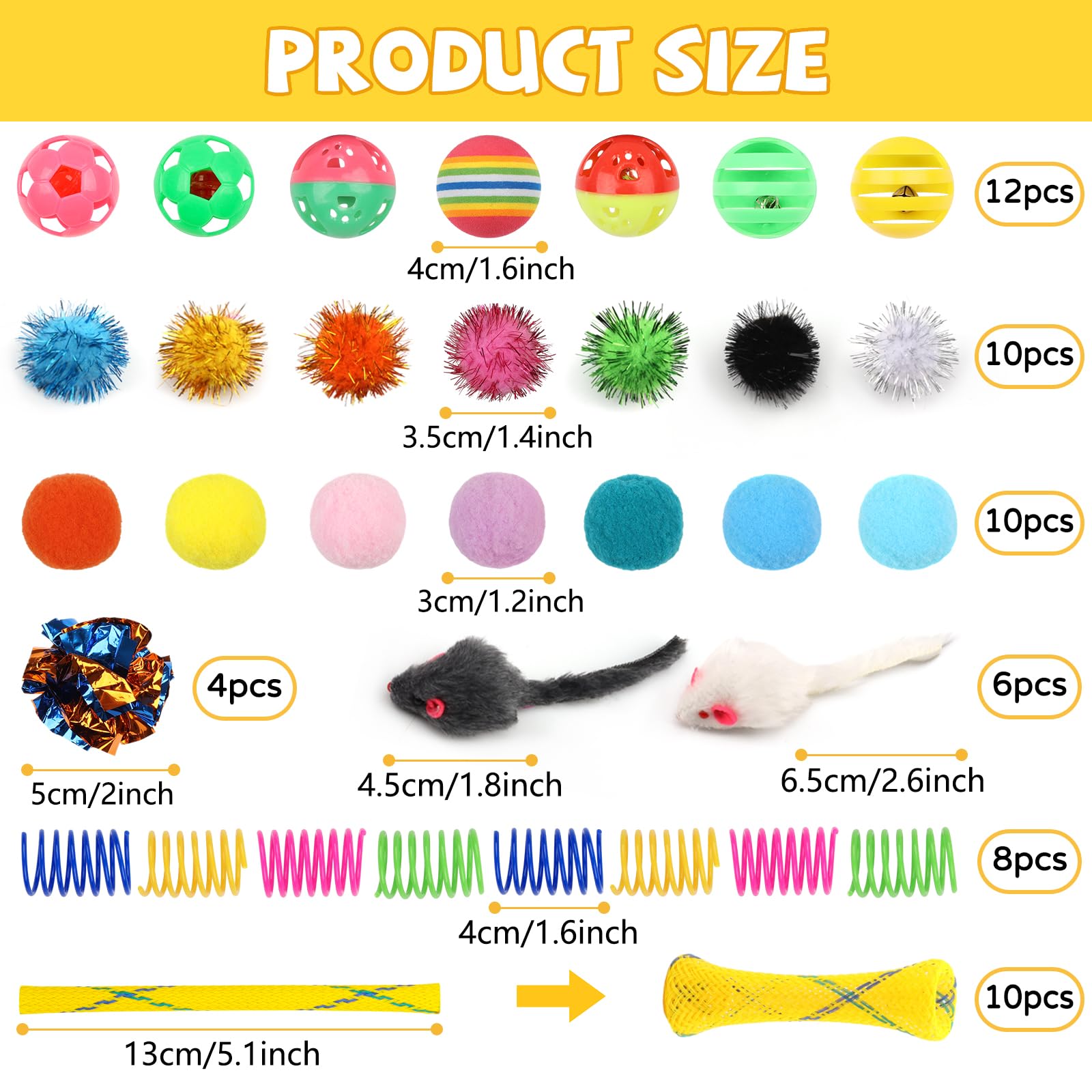 QUOZUO Juego interactivo para gatos, 60 resortes, bolas brillantes, juguetes de ratón, bolas arrugadas y pompones para gatitos
