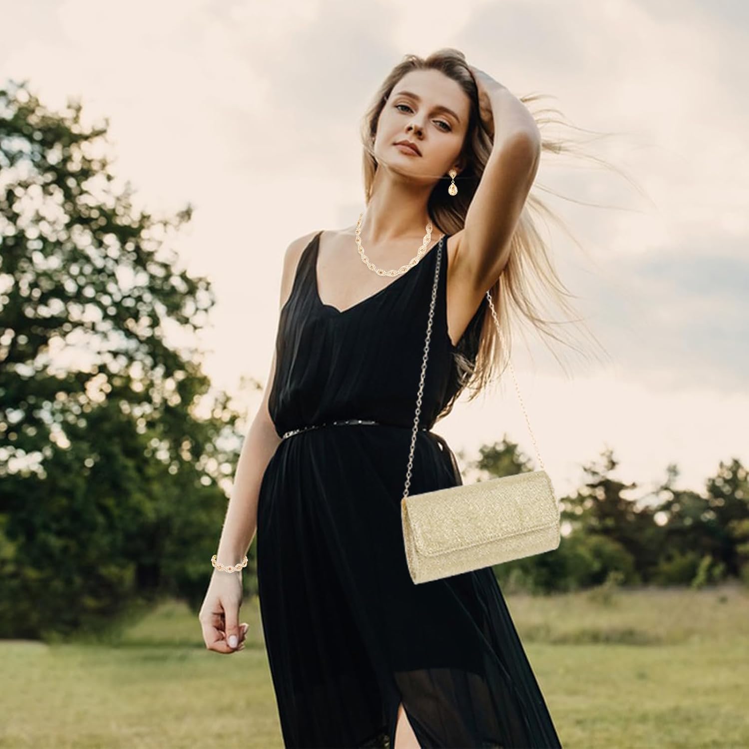 5 Pieces Clutch Purse Rhinestone Jewelry Sets for Women Prom Necklace Earrings Bracelet Ring Bling Glitter Purse Formal Jewelry for Women Evening Wear - Image 6