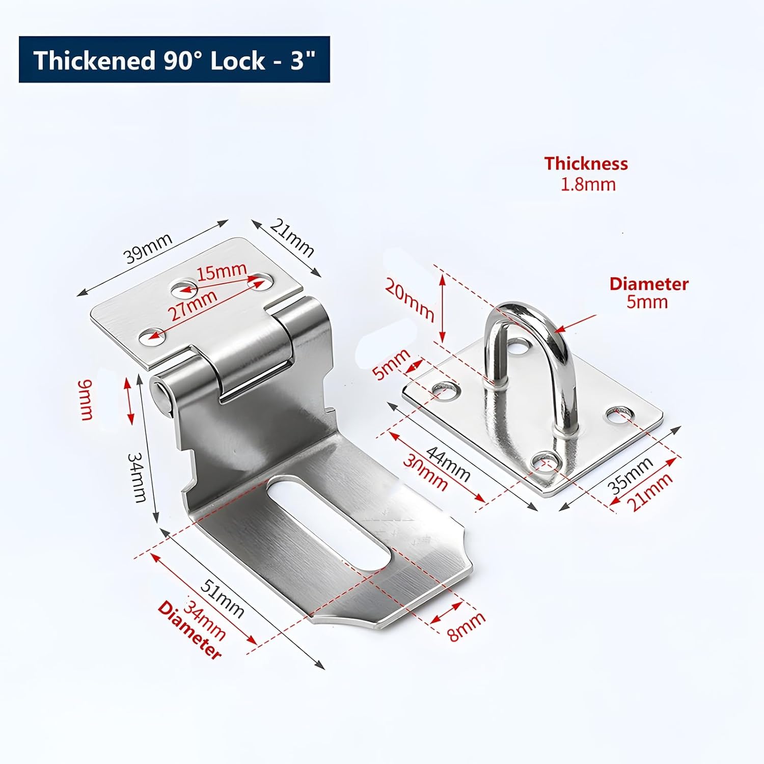 50Pcs Door Hasp Latch Lock, 90 Degree Hasp Right Angle Latch, Heavy Duty 201 Stainless Steel Door Clasp Hasp, for Shed, Barn, Cabinet(3inch)