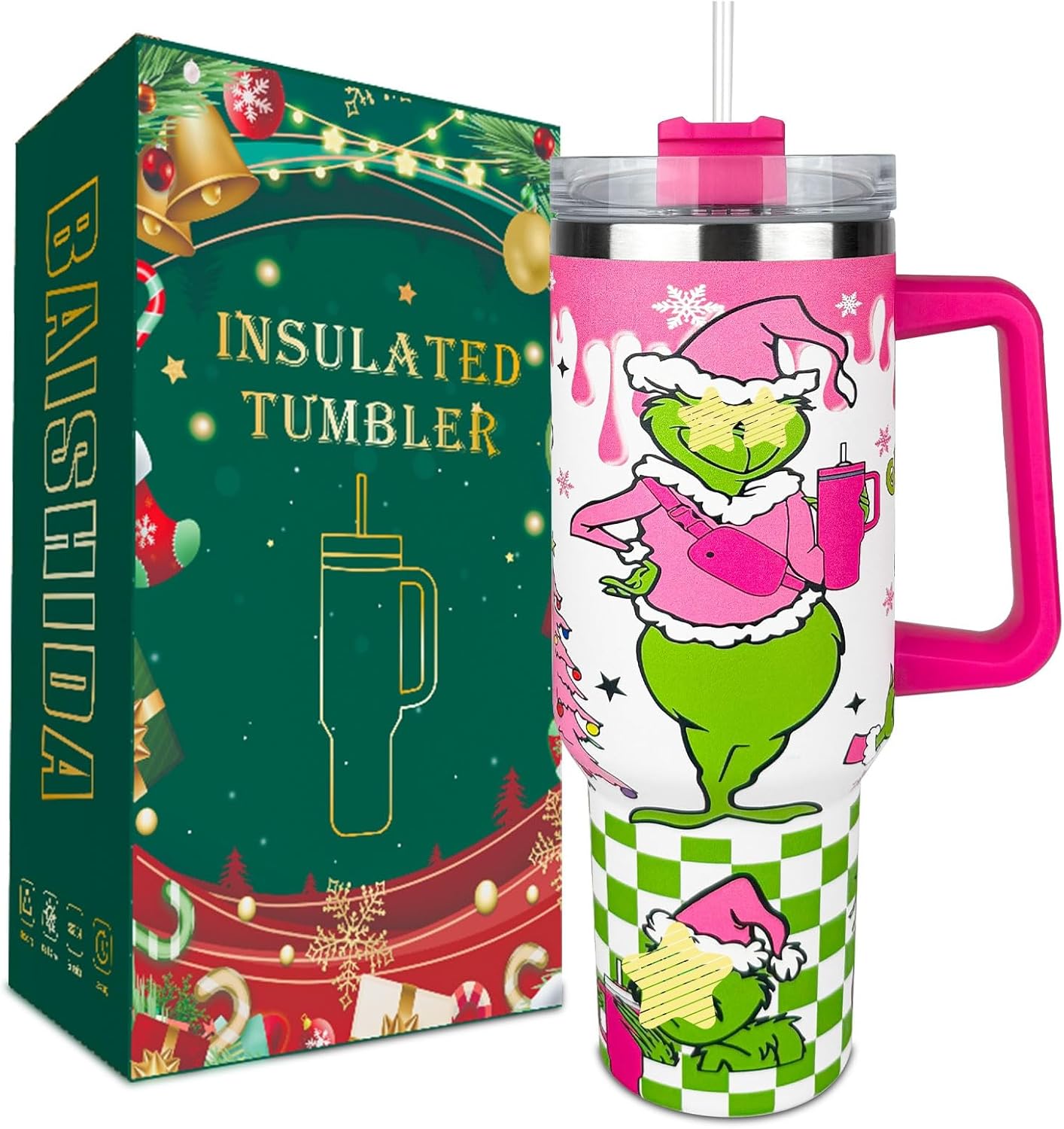 40 oz Tumbler with Handle and Straw, Stainless Steel Tumbler with Lid Straw, Car Mug Sports Travel Christmas Gift 40oz Grinchi Insulated Tumblers (Christmas 14)