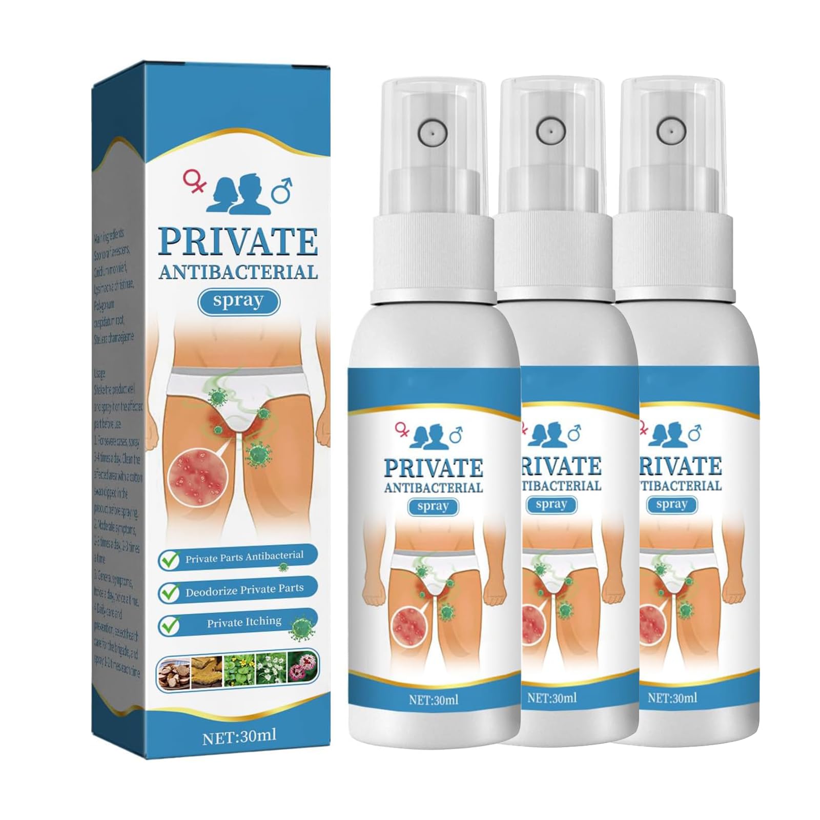 Spray Antibactérienne Privée,Antifongique pour Homme,Spray Soulager Rapidement les Démangeaisons,Antibactérienne Privée,30ML*3PC
