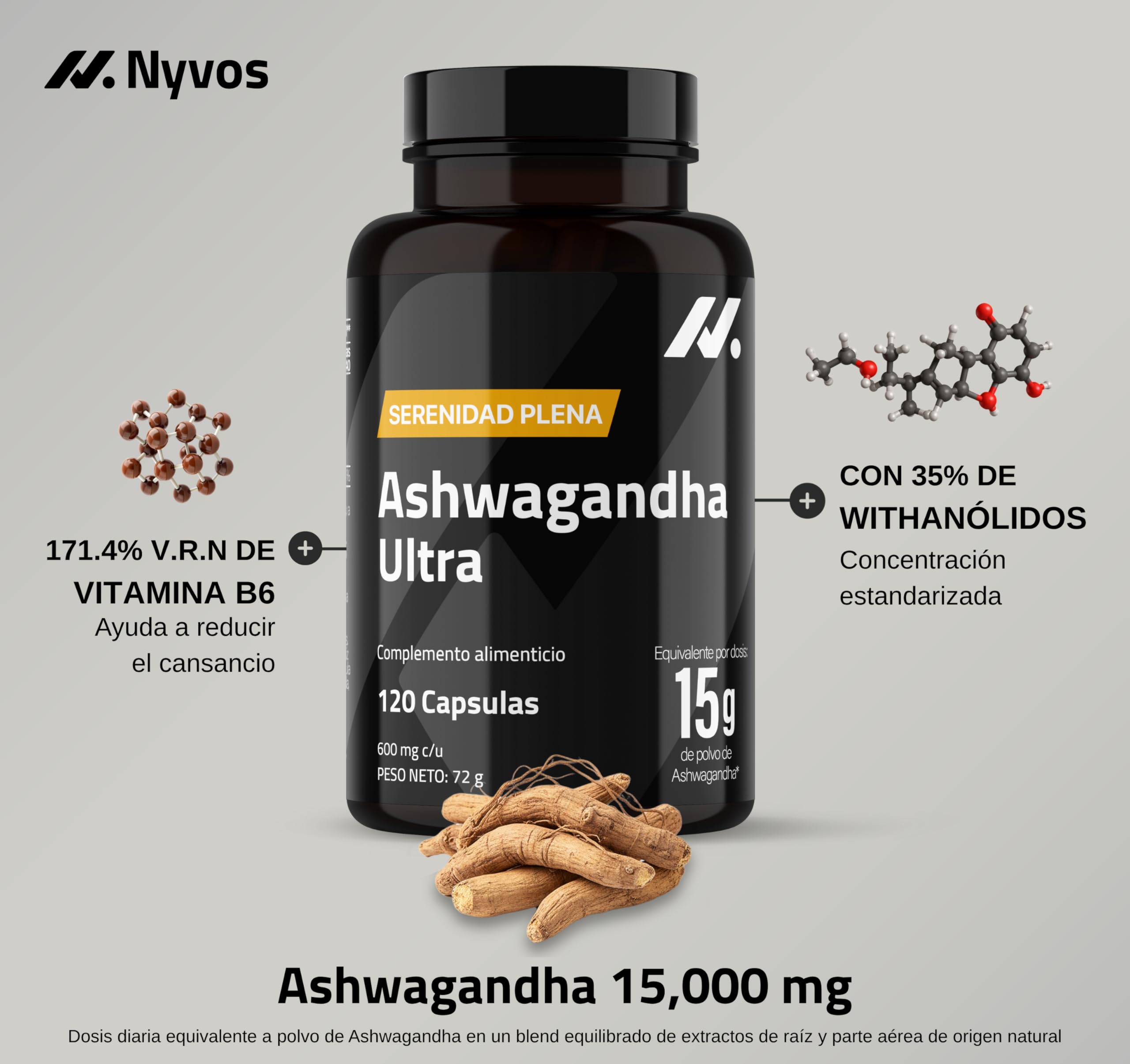 Ashwagandha Shoden Ultra® 35% Withanólidos – 15.000 mg equivalentes | 7x más concentrado que Ashwagandha KSM-66 | Apoyo a la concentración, sueño profundo, bienestar general y energía | 120 cápsulas