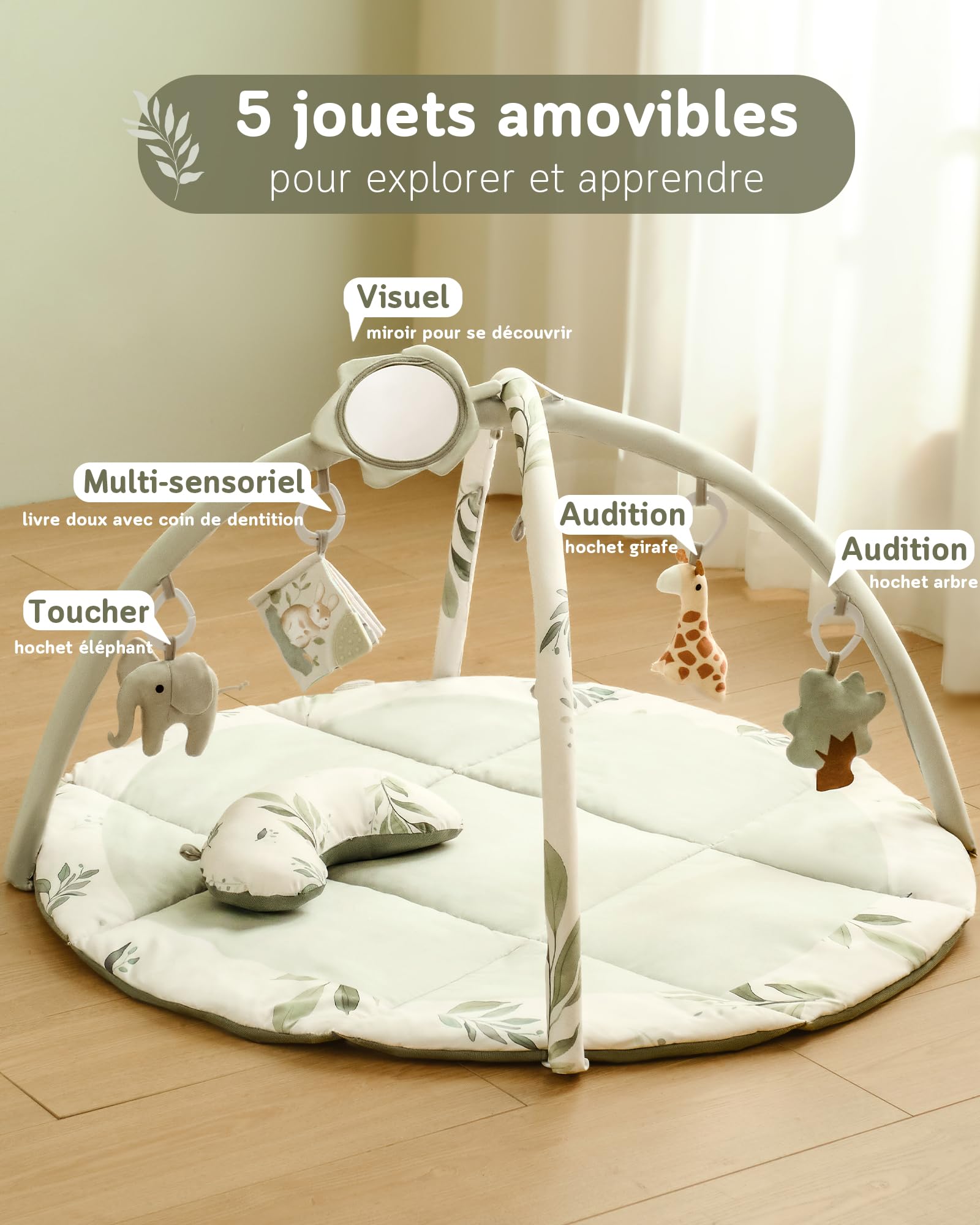 Tapis d'éveil Bébé avec Arche amovible et 5 Jouets d'activité, Thème Naturel, Fortella, Vert, pour Nouveau-né 0-12 Mois