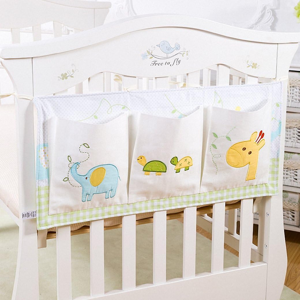 IDecHome Nursery Diaper Hanging Bed Organizer, 100% Cotton Three Pockets Bedside Caddy for Baby Crib, Shower Gift, Animals