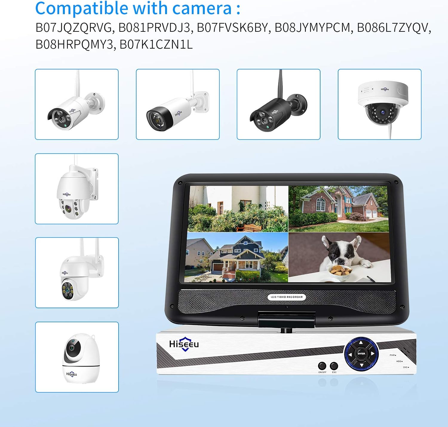 【No HDD】 10" LCD Wireless WiFi NVR, 16CH Network Video Recorder, Motion Detection Area Setup, Continuous 24/7 Recording, Compatible with Hiseeu Eseecloud 1080P/3MP/5MP Wireless Security Cameras