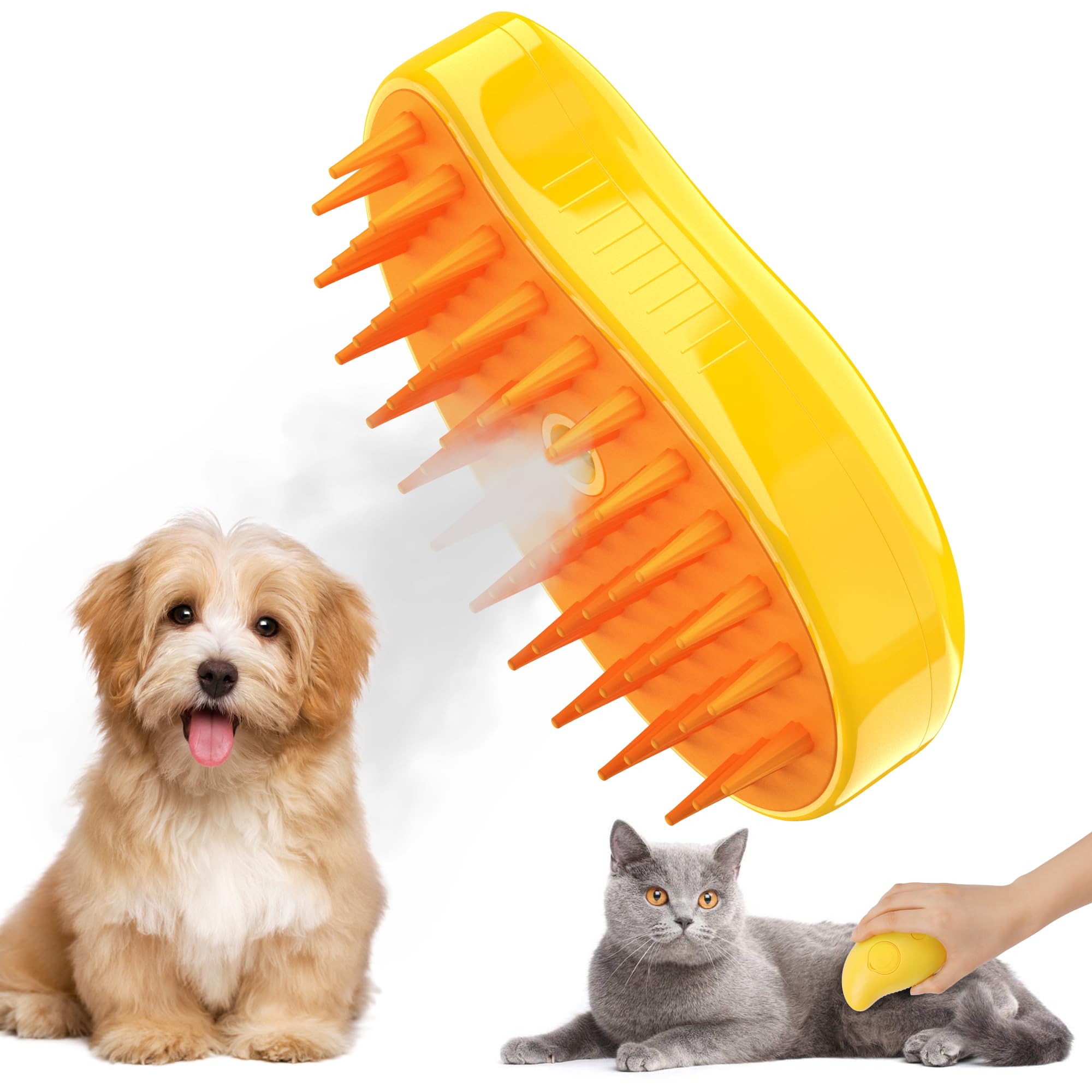 GIGART Cat Steam Brush, Pet Grooming Brush with Steam Technology, Self Cleaning Brush, Steamy Brush for Massage, Removing Tangled and Loose Hair, Yellow