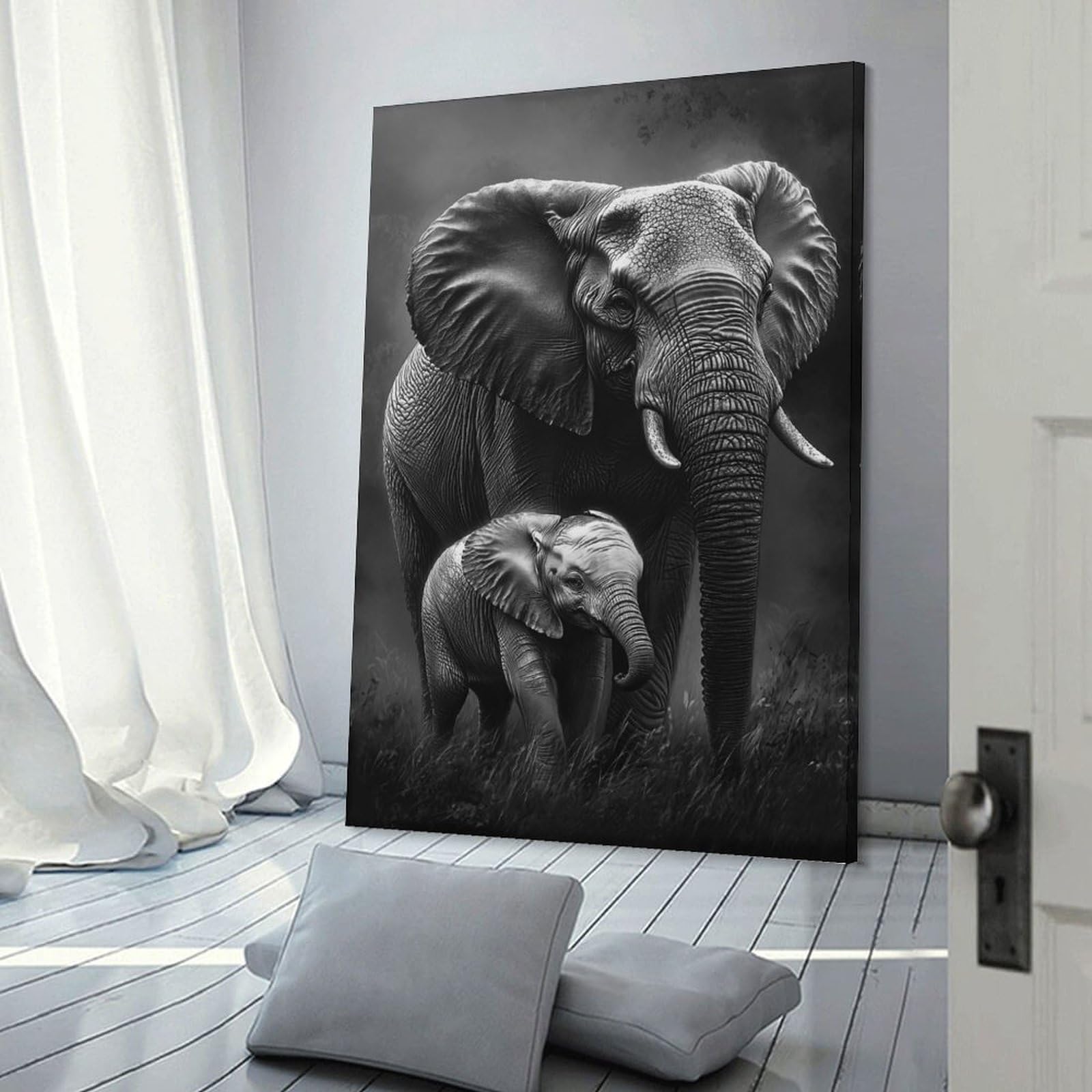 Junmoney Frame-Style-11 Decorative Wall Artwork Elephant Family Portrait, 20X30inch(50X75cm), For Sofa Walls, Lounge Or Home Corners, Modern Wall Decor For Cosy Interiors