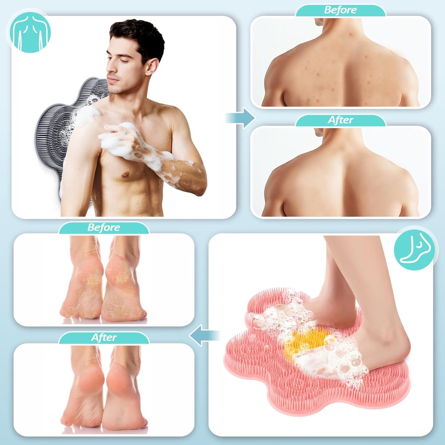 lavapiedi per Doccia, 14.2 * 11.2in Tappetino in Silicone per Doccia lavapiedi, Antiscivolo con Ventose per Lavapiedi, Spazzola per Piedi per Cura e Pulizia Profonda (Grigio)