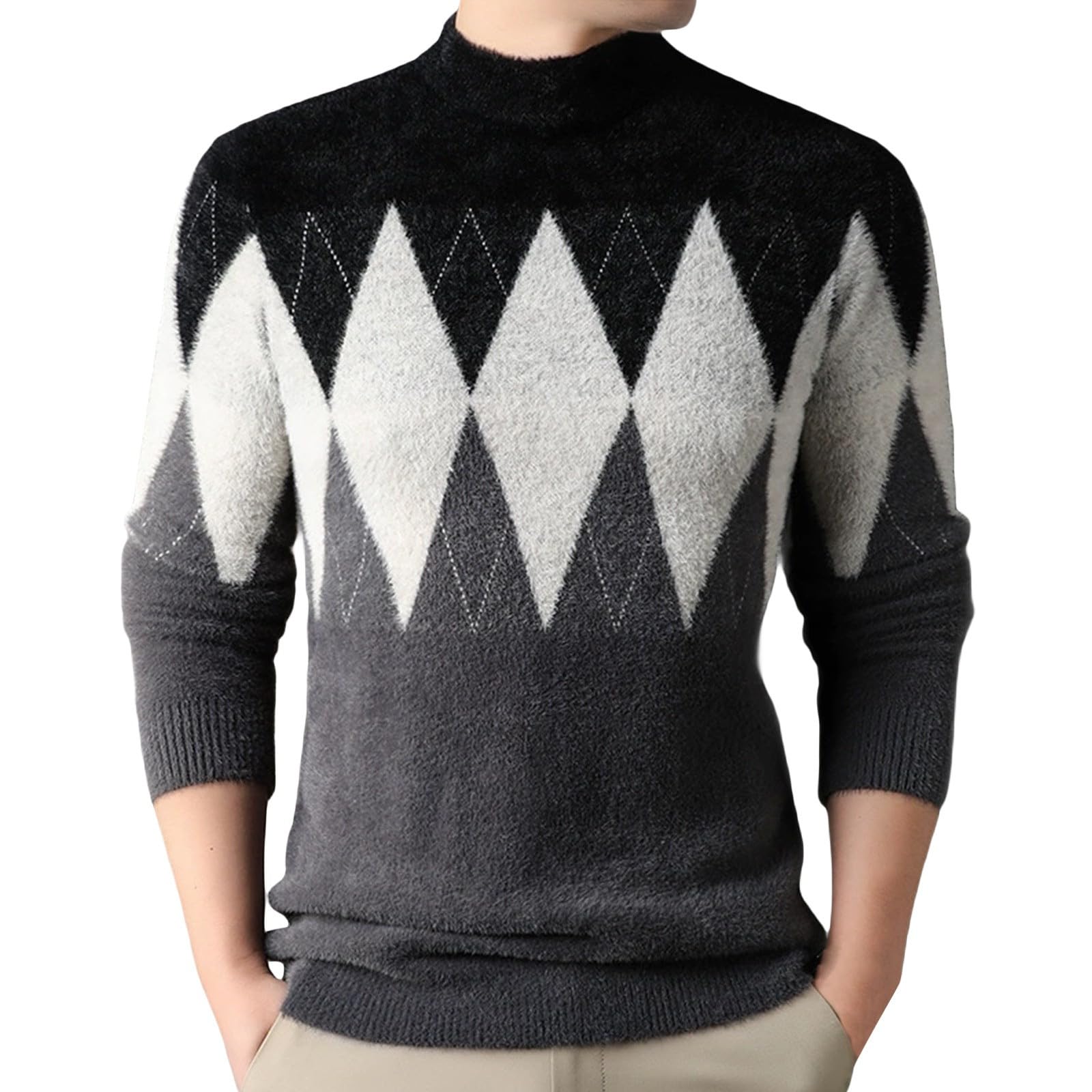 Generisch Jersey para hombre, cuello redondo, manga larga, jersey de punto, ligero, informal, de negocios, forro polar, grueso, de invierno, jacquard, para el tiempo libre