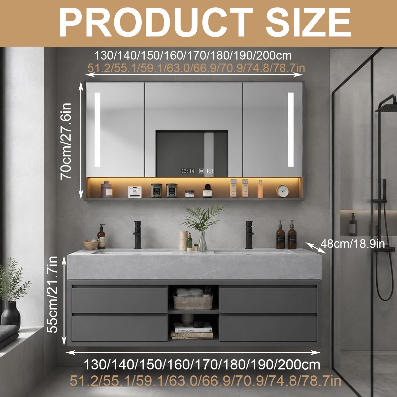 Mobile Bagno con Lavabo, Mobile Lavabo Bagno con Specchio Contenitore Smart HD, Piano in Pietra Sinterizzata, Ampio Spazio