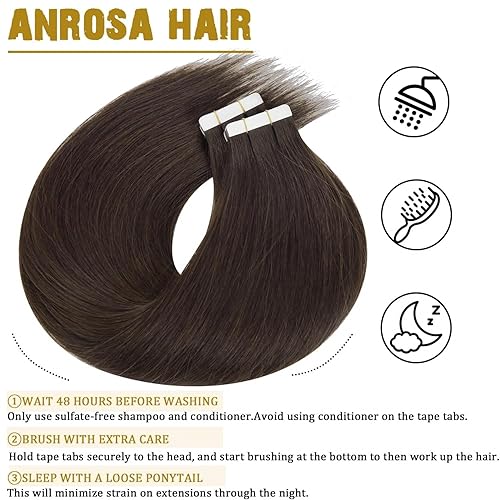 Miniatura 3 de Anrosa Extensiones de cabello humano adhesivas invisibles de 14 pulgadas, color marrón oscuro claro, puntas gruesas, lacias, sin costuras, trama