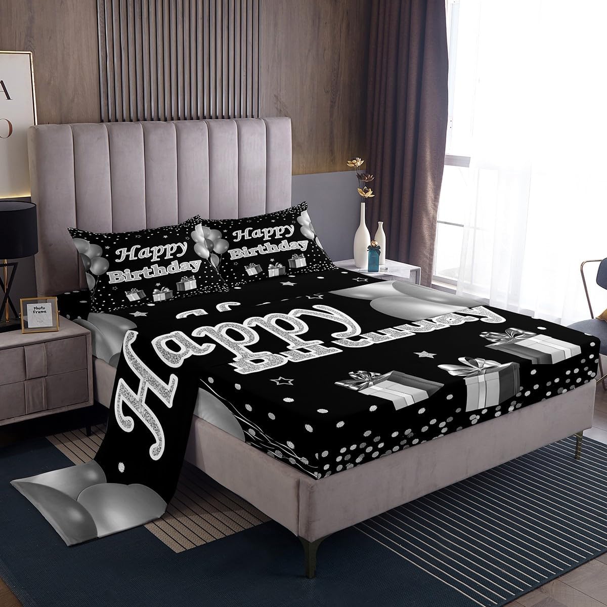 Erosebridal Silver Sheet Set Happy Birthday Sheets, Birthday Party Decorations Bed Sheets Set, Cute Balloons Star Garland Princess Flat Fitted Sheet with 2 Pillow Cases (Full, 4Pcs)