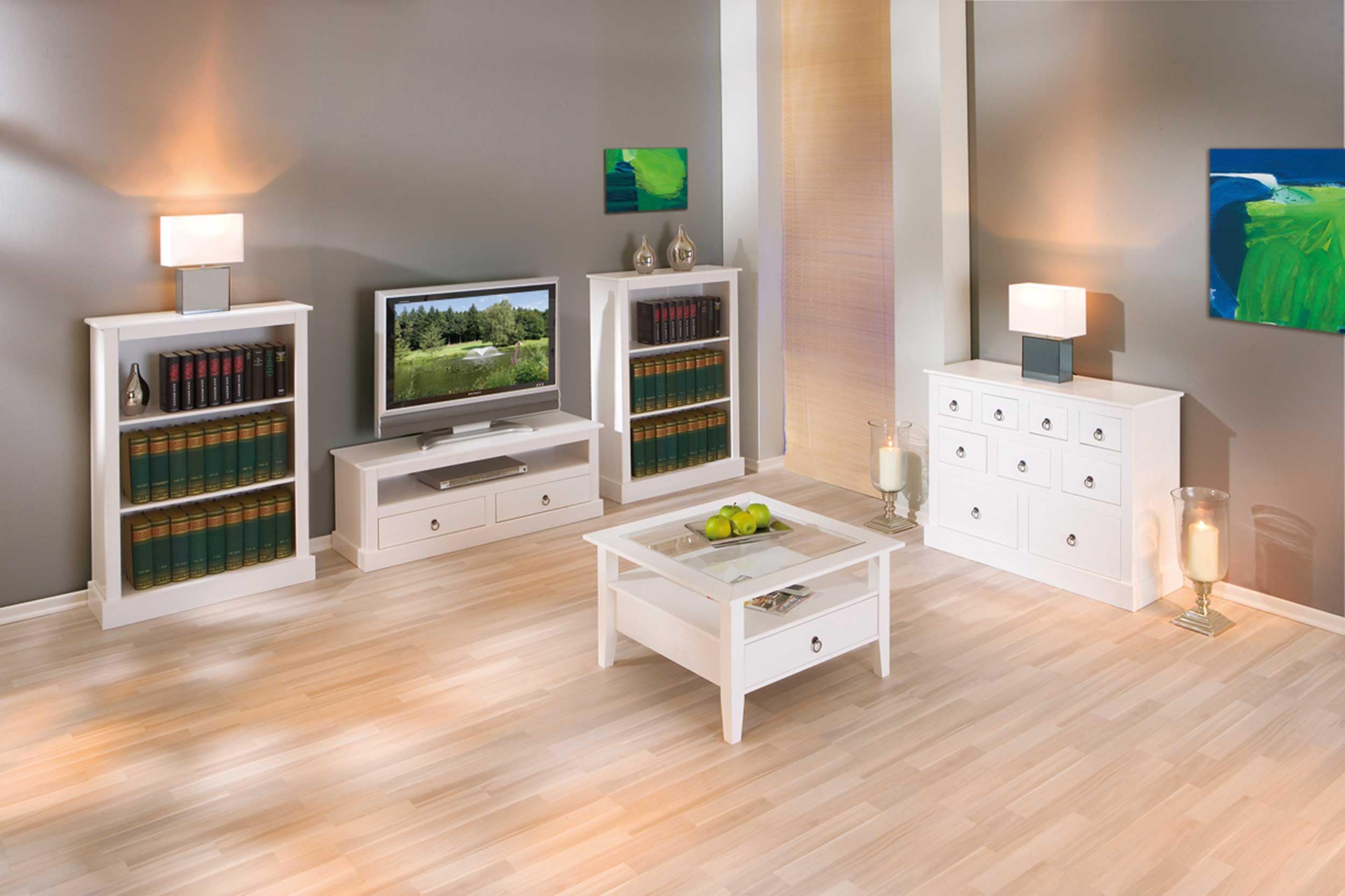 Inter Link - Couchtisch - Massivholztisch - Wohnzimmertisch - Sofatisch - Kiefer Massiv - mit Glasplatte - 1 weiß gebeizte Schubladen - 115 x 60 x 45 cm - Provence 1