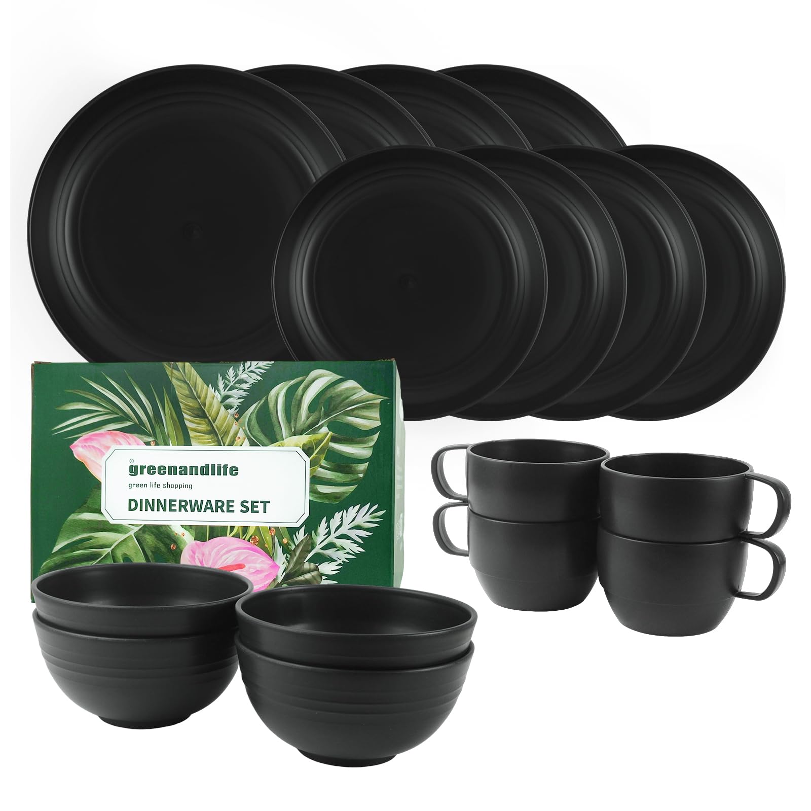 greenandlife 16-Piece Wheat Straw Dinnerware Sets Service for 4, Unbreakable Plastic Plates and Bowls Sets Cups, Dishwasher Microwave Safe Reusable Lightweight Dish Sets for Outdoor Camping RV, Black
