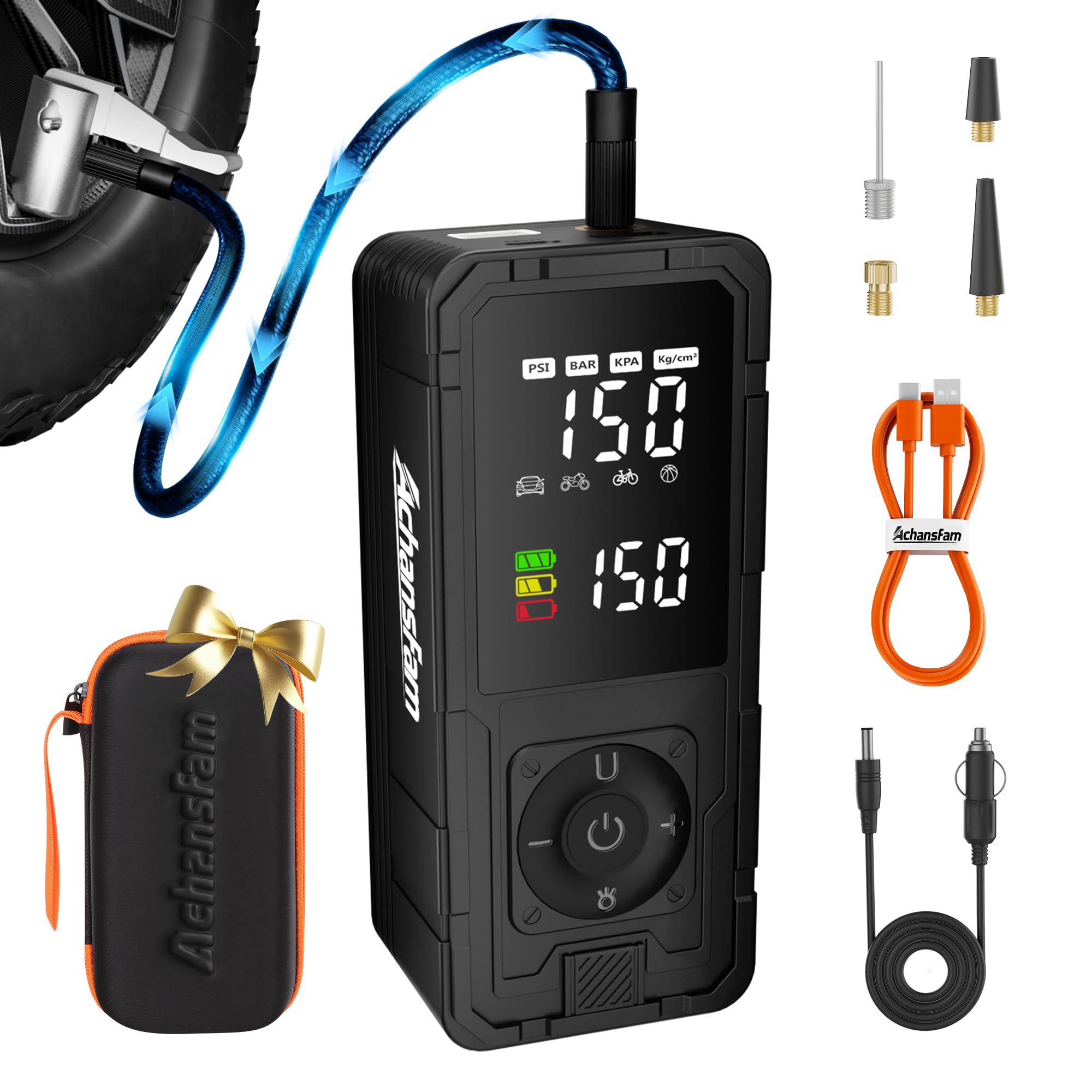 Compressore d'aria portatile con manometro digitale, pompa ad aria elettrica senza fili, 150 psi, spegnimento automatico con valvola Presta Schrader, per bici, moto, auto a sfera
