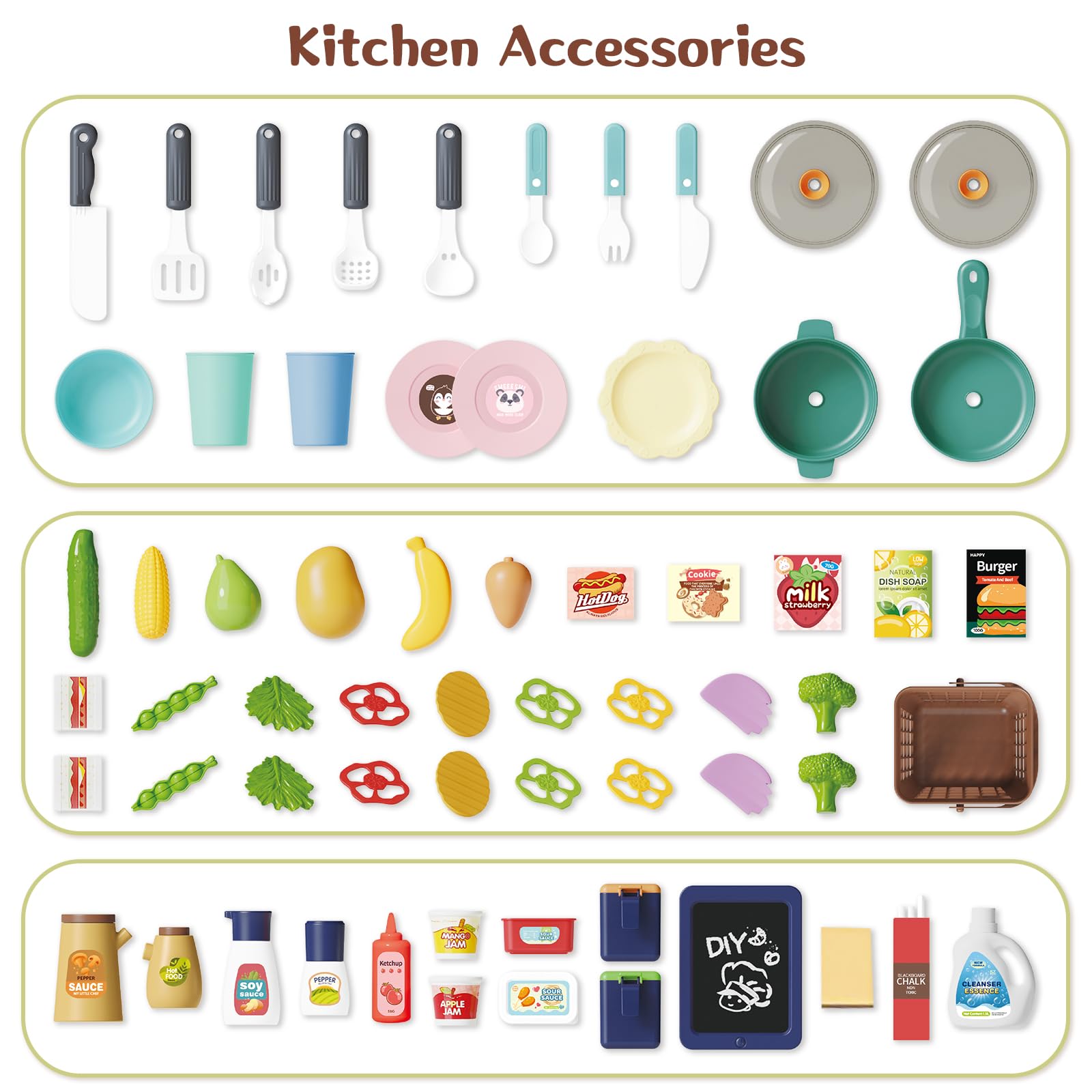 deAO Cucina giochi per bambini con luce sonora acqua vapore e accessori da cucina, set da cucina per bambini con frigorifero, lavastoviglie, fornello, forno, cucina, giocattolo per bambini dai 3 anni