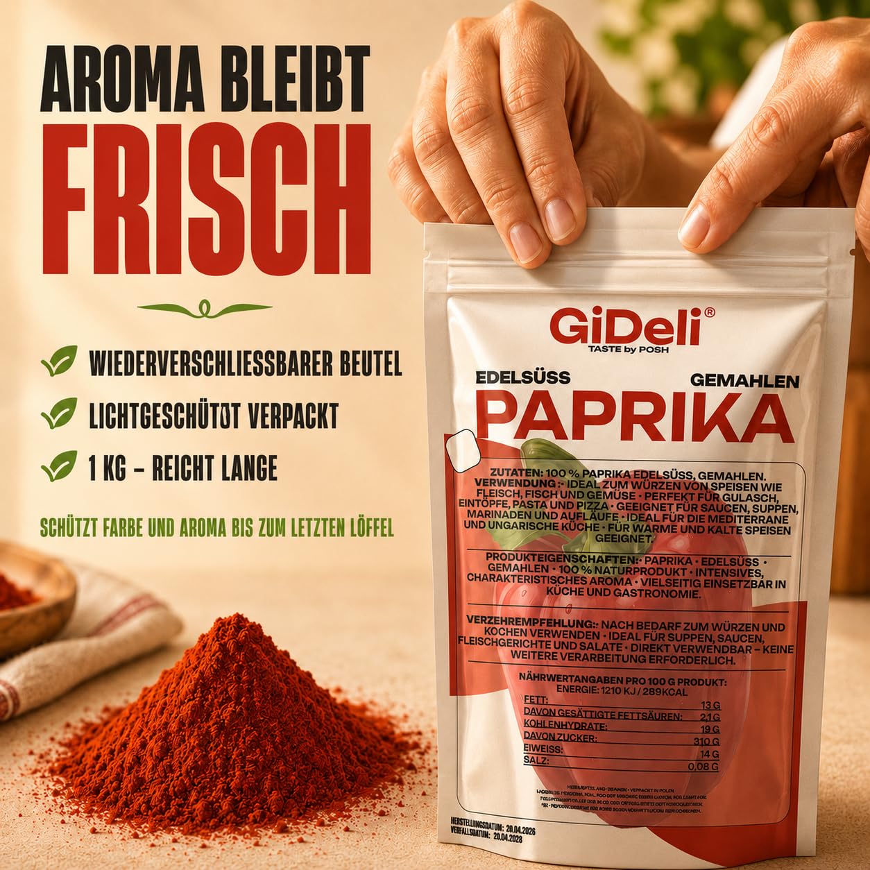 GiDeli Paprika Edelsüß Gemahlen 2x5kg - 100% Paprika ohne Zusätze - Vegan & Glutenfrei - Spanisches Paprikapulver & Pimentón - Mildes Aroma - Rotes Gewürzpulver - Ideal für Gulasch & Pasta