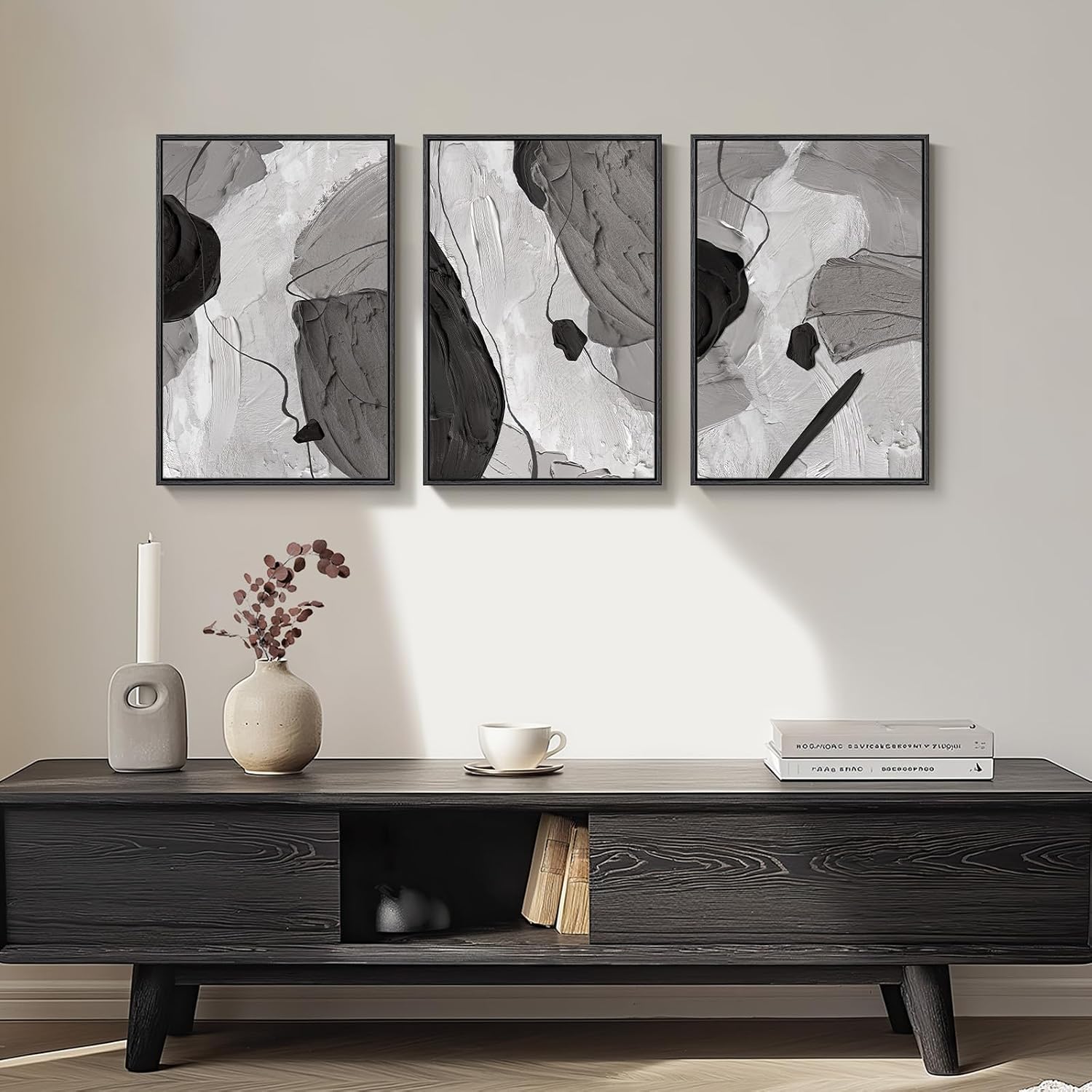 Framed Black and White Modern Abstract Wall Art, 3 Piece Canvas Prints Paintings Artwork for Walls, Minimalist Black White Grey Pictures for Living Room Dining Room Bedroom Office Wall Decor 16x24 In