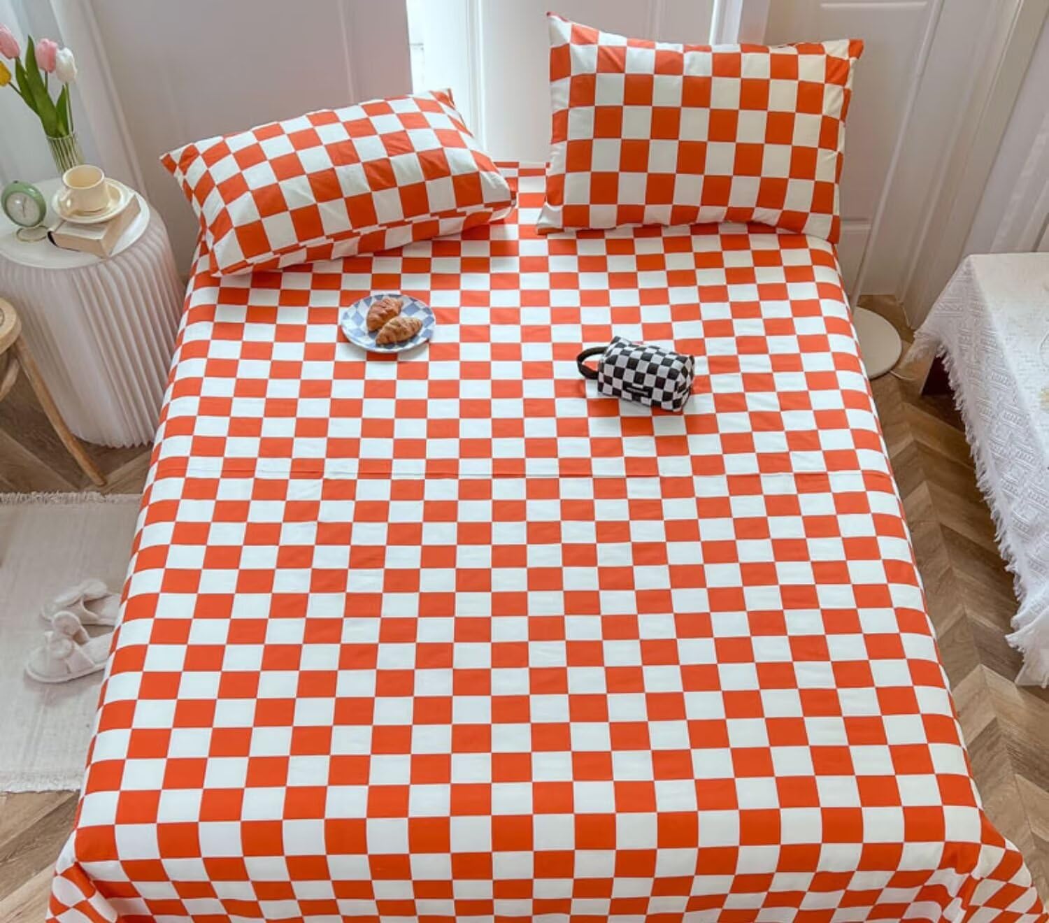 Houseri Burnt Orange Plaid Sheet Set Full Size White and Rust Buffalo Checkered Fitted Sheets Full Reddish Brown Grid Mattress Cover Terracotta Chessboard Sheet Sets Full 4 Pcs with Pillowcases