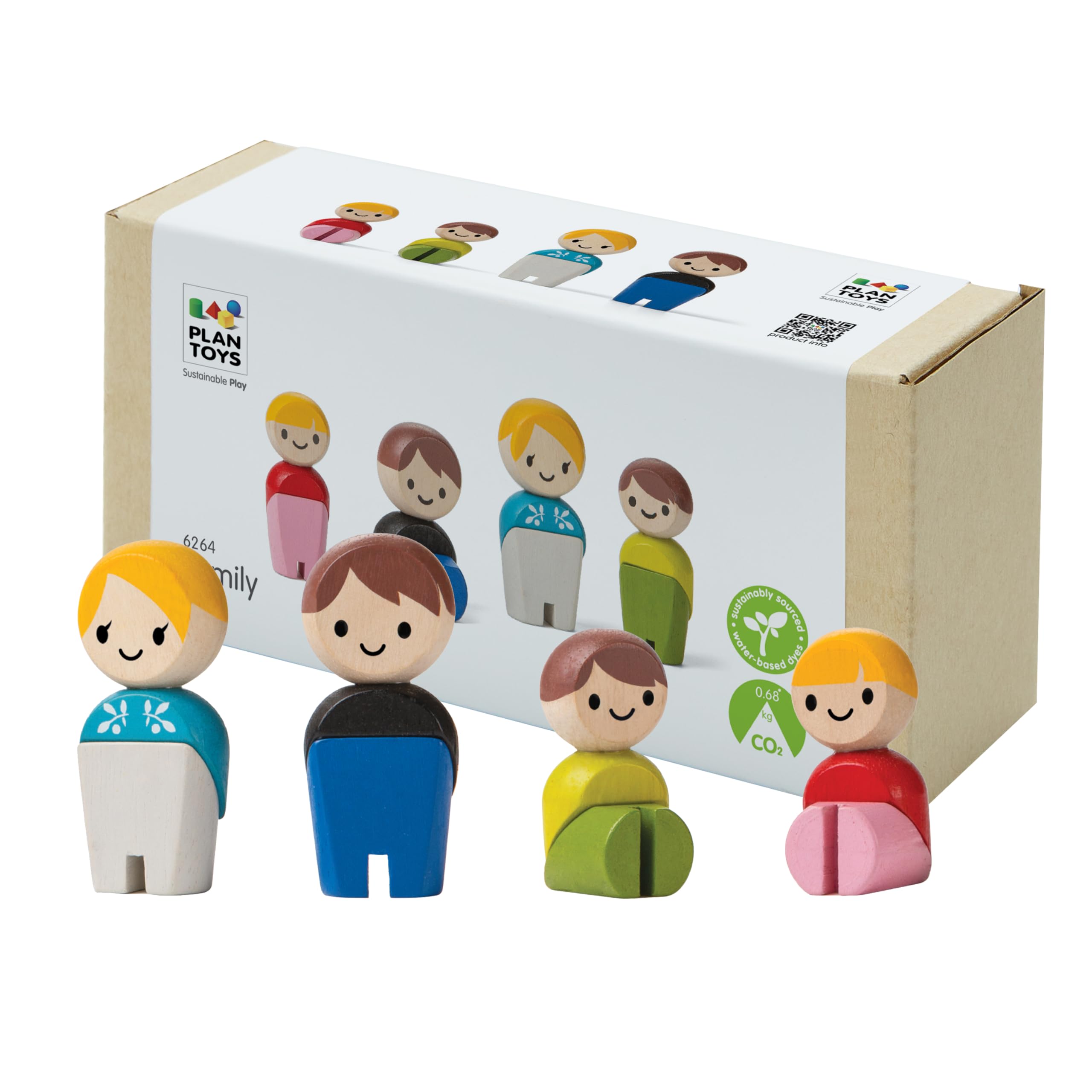 PlanToys® PlanWorld Family Set | 4 Wooden Poseable Figures for PlanCity & PlanWorld Playsets | Montessori Pretend Play Family with Flexible Arms & Legs | Eco-Friendly Sustainable Wooden Toy for Kids
