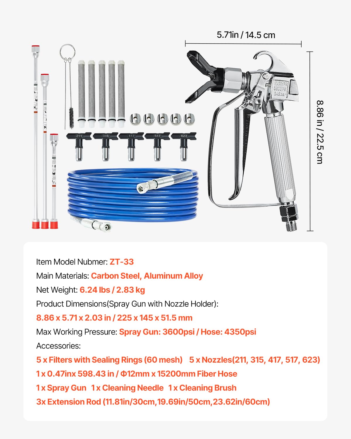 VEVOR Kit Pistola a Spruzzo Airless e Tubo Flessibile, Set Tubi Flessibili per Spruzzatore di Vernice Alta Pressione 248 Bar con 5 Ugelli, Giunto Girevole, Filtri, Tubo Flessibile, Aste di Prolunga