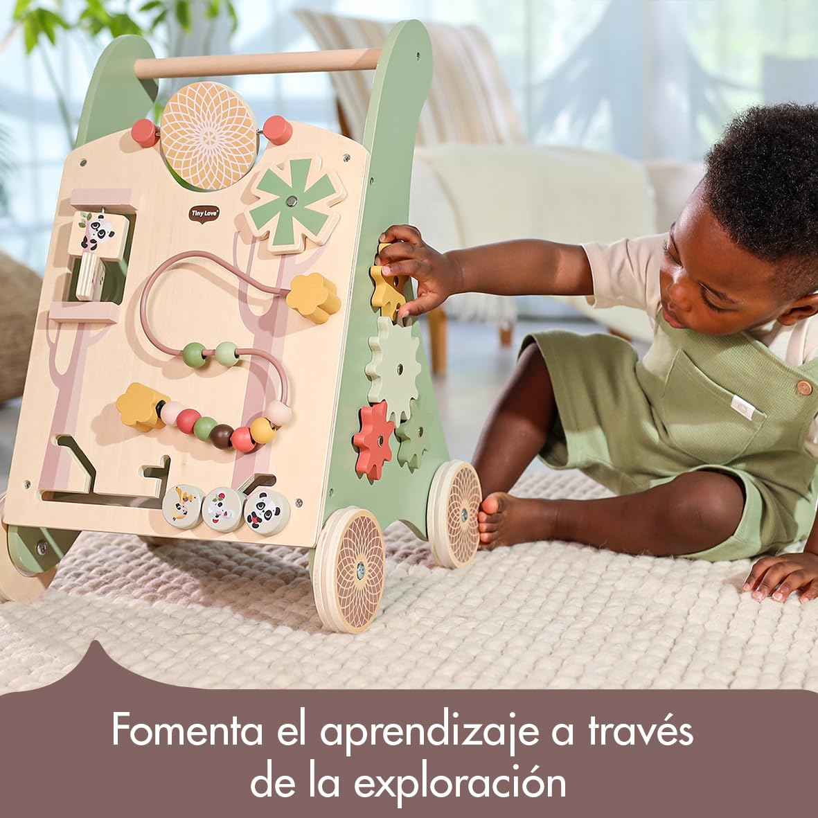Tiny Love Andador Bebes Madera, 2-en-1 andador de actividades, 12 actividades interactivas, habilidades motoras, desarrollo cognitivo, diseño natural, más de 18 meses, Boho Chic
