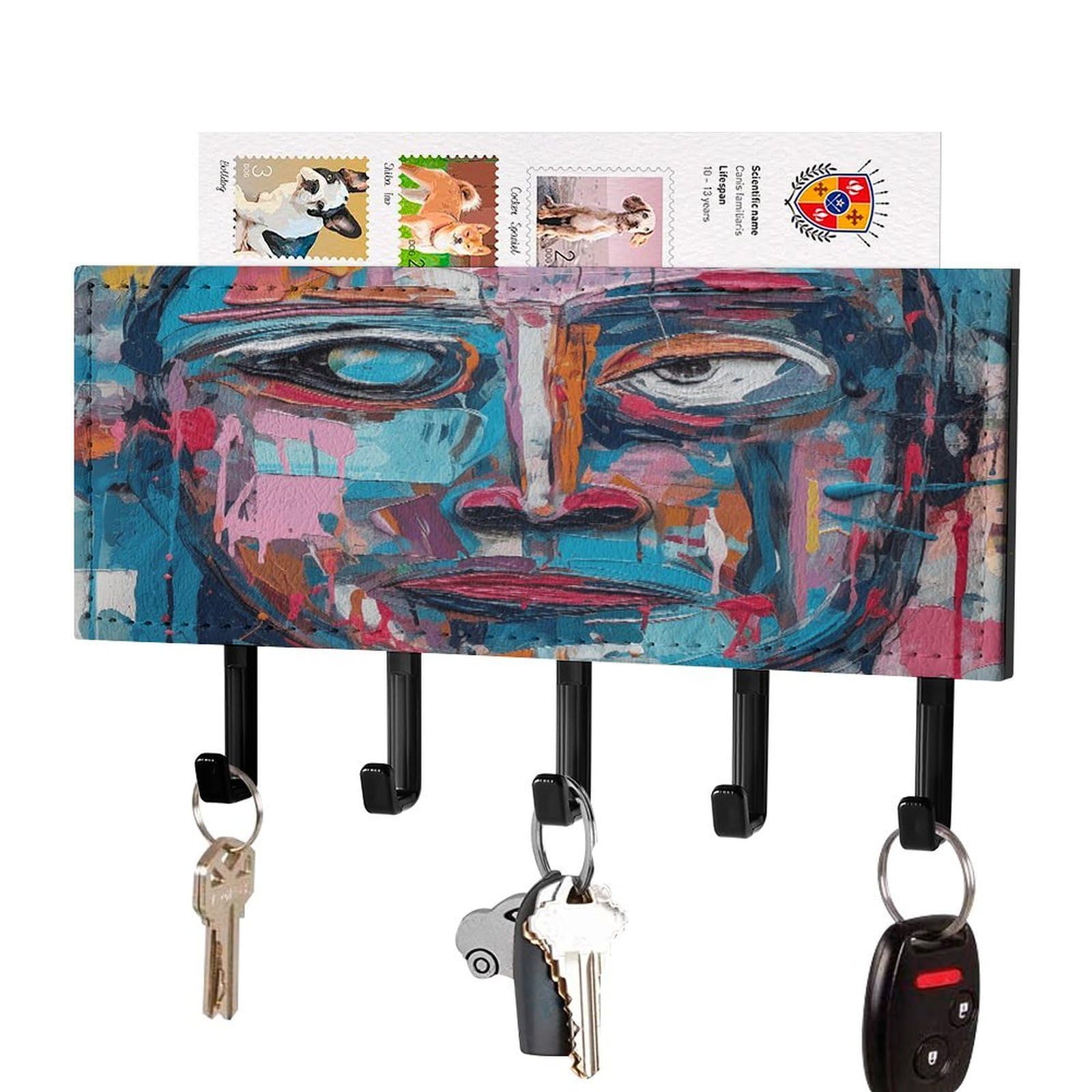 Fekiloot Black-Style Peach And Blue Face Key Holder Wall Mount Key Hanger With 5 Hooks Decorative Key Rack Hanging Key Hooks With Mail Organizer Key Holder For Wall Living Room Kitchen Bathroom Hallway Black