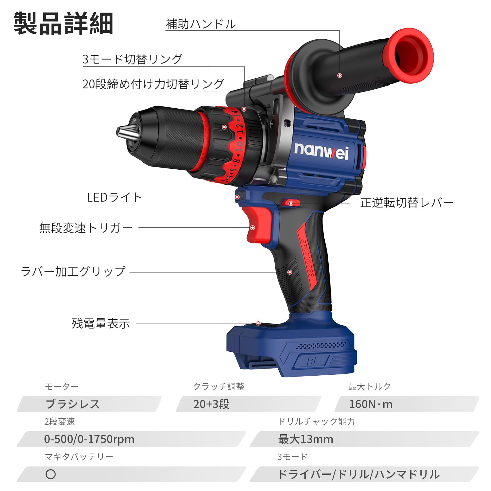 Amazon | NANWEI コードレス振動ドライバドリル 最大トルク160Nm