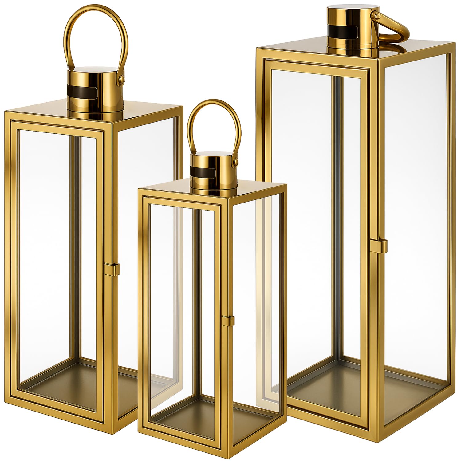 Set de faroles de Cristal Plateados RUHHY (3 uds., 63/49/38 cm) – Acero Inoxidable + Vidrio – para Velas LED y decoración en casa, terraza, jardín y Eventos (Oro)