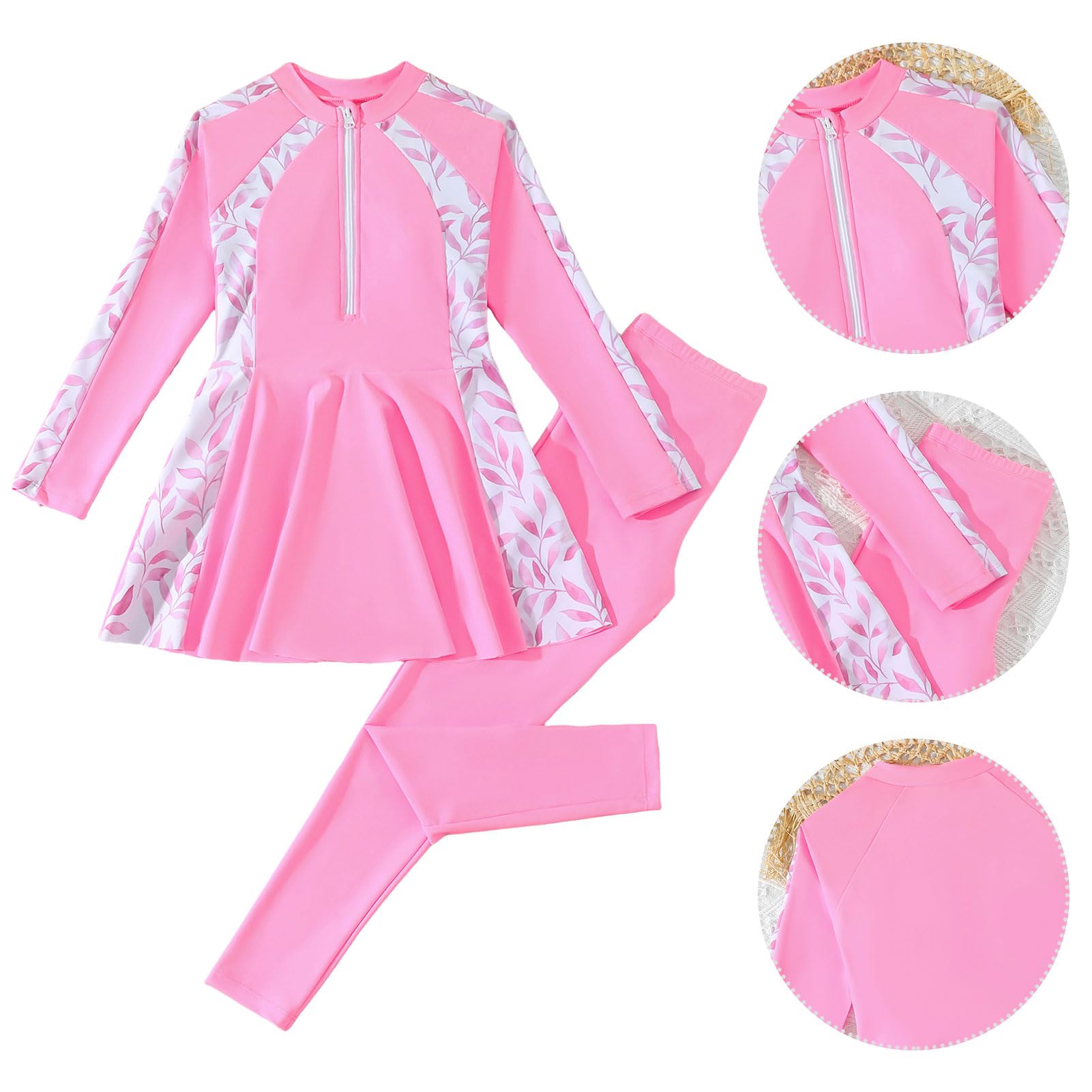 Costume da bagno modesto per ragazze, 2 pezzi, a maniche lunghe, con cerniera frontale, top e leggings per spiaggia, vacanze, piscina, surf, età 8-12 anni