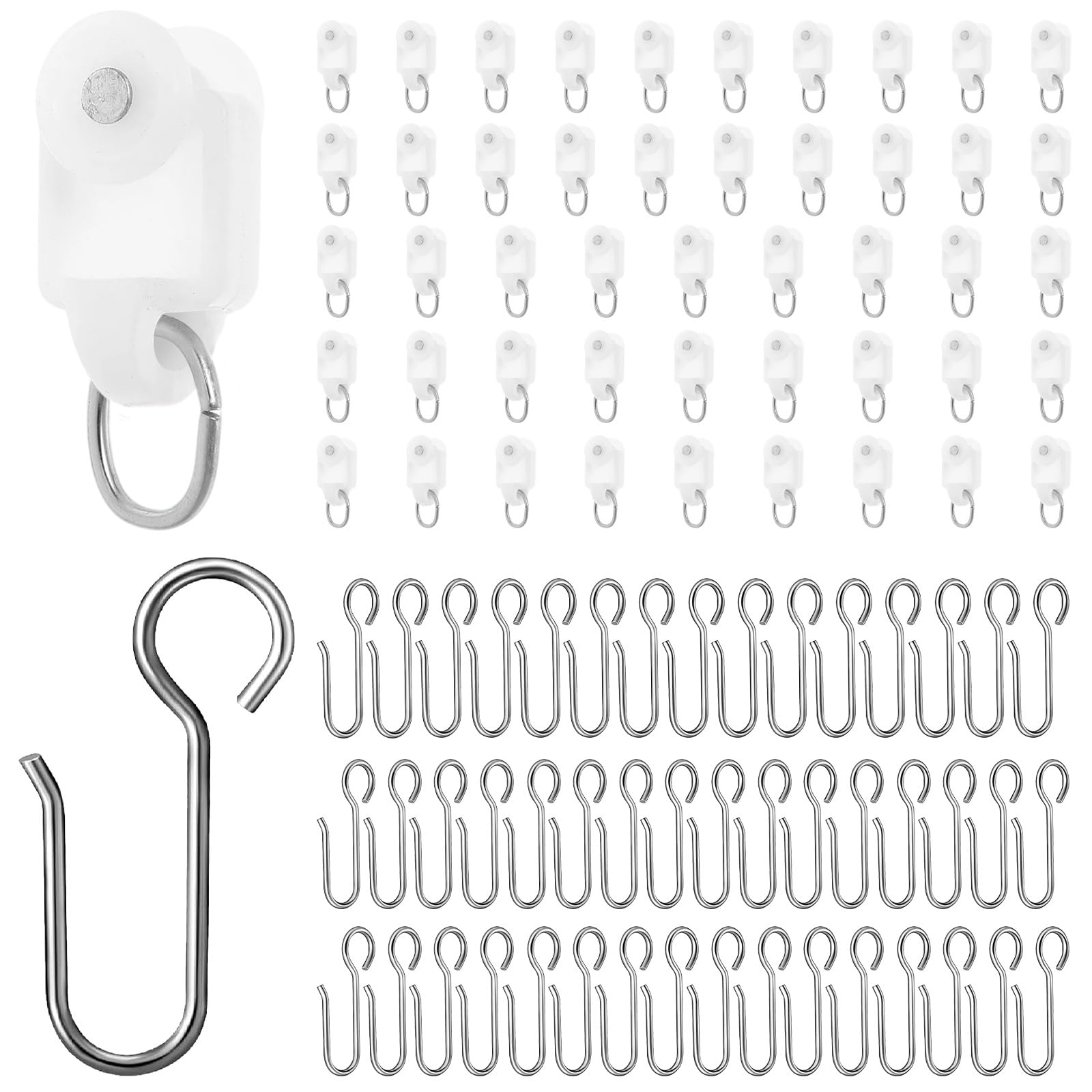 Curtain Tracks Ceiling Wall Mounted White Thickened Style Curtain Tracks with Hook for Room Divider, Living Room, Bedroom, Office, RV (White Pulleys, 48 set)