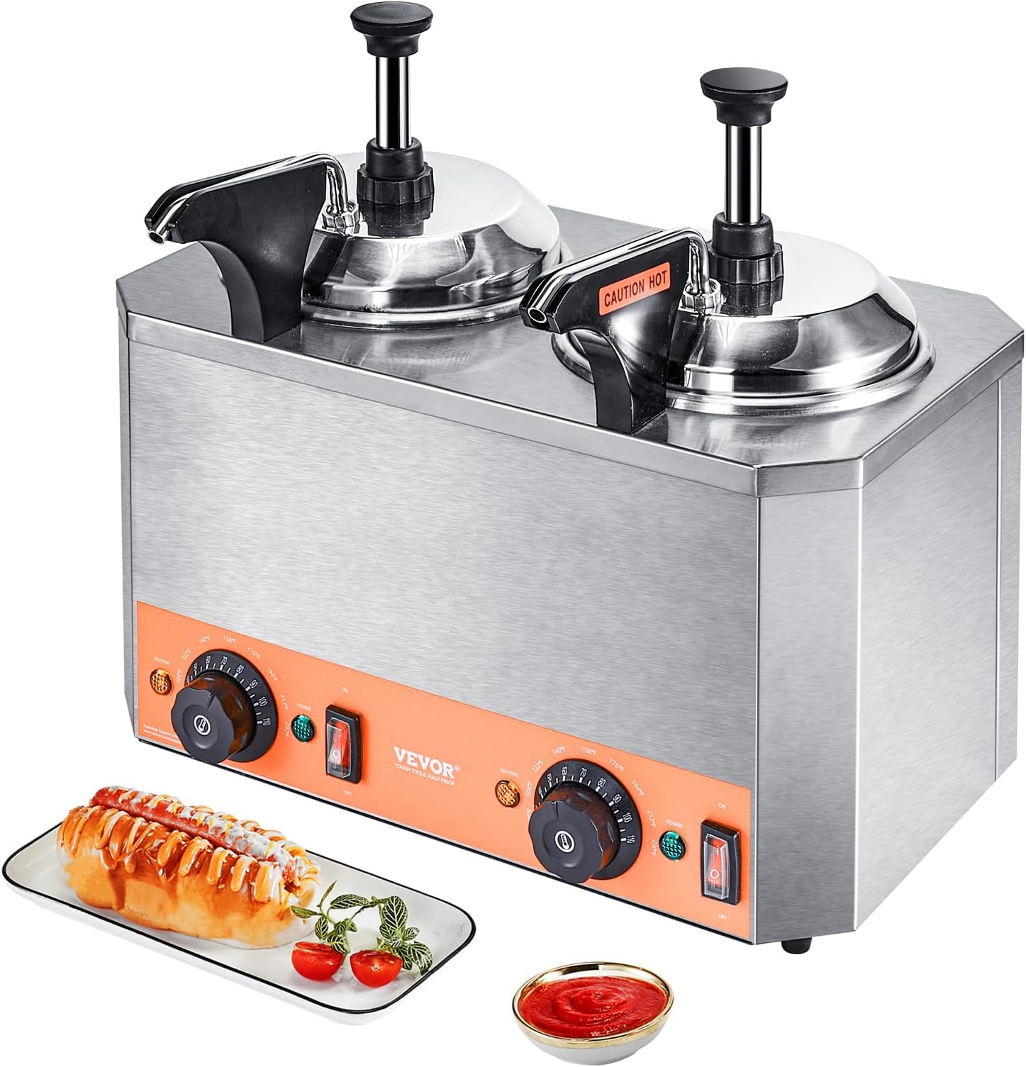 VEVOR Electric Dispenser with Pumps, 2.3x2 Qt Commercial Hot Fudge Warmer, Stainless Steel Heated Double Pumps, 86-230 Temp Adjustable Nacho Cheese & Caramel Warmer