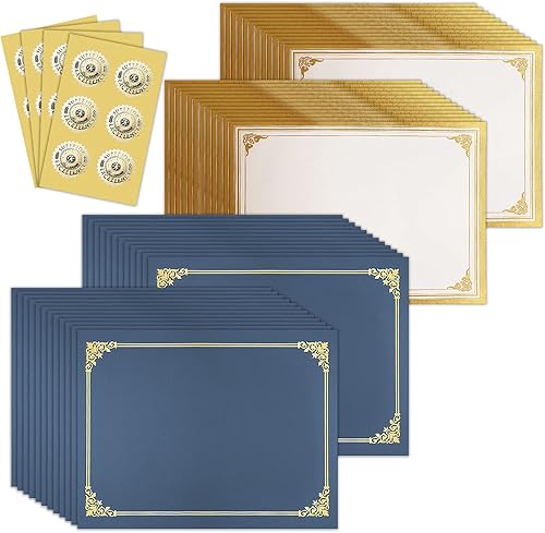 SUNEE Kit de certificado (50 paquetes), soportes para certificados azul marino y papeles de certificado de tamaño carta y sellos de premio de lámina