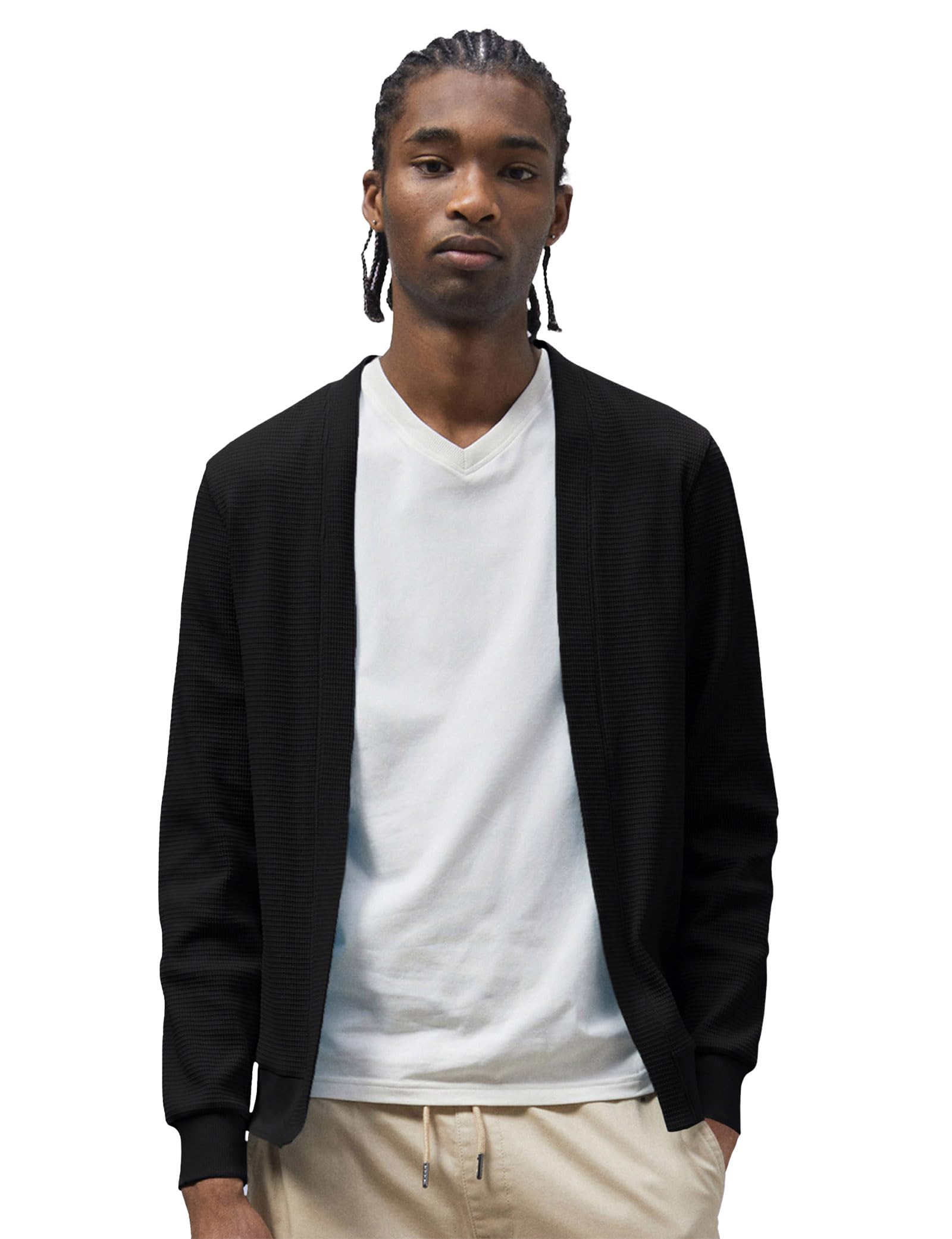 Enorsia Mens Waffle Knit Cardigan Open Front Lightweight Cardigan for Men with Ribbed Cuffs Soft Stretch Fabric Regular Fit Mens Cardigans Layering Knitwear Casual Outing Wear - Black, UK Large