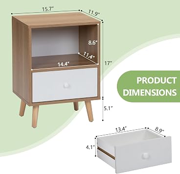 JAXPETY Set of 2 Modern Wood Nightstand, Bedside Table with Drawer, Bedside Furniture, Night Stand, End Table with Open Shelf and Solid Wood Legs for Home Bedroom, Brown
