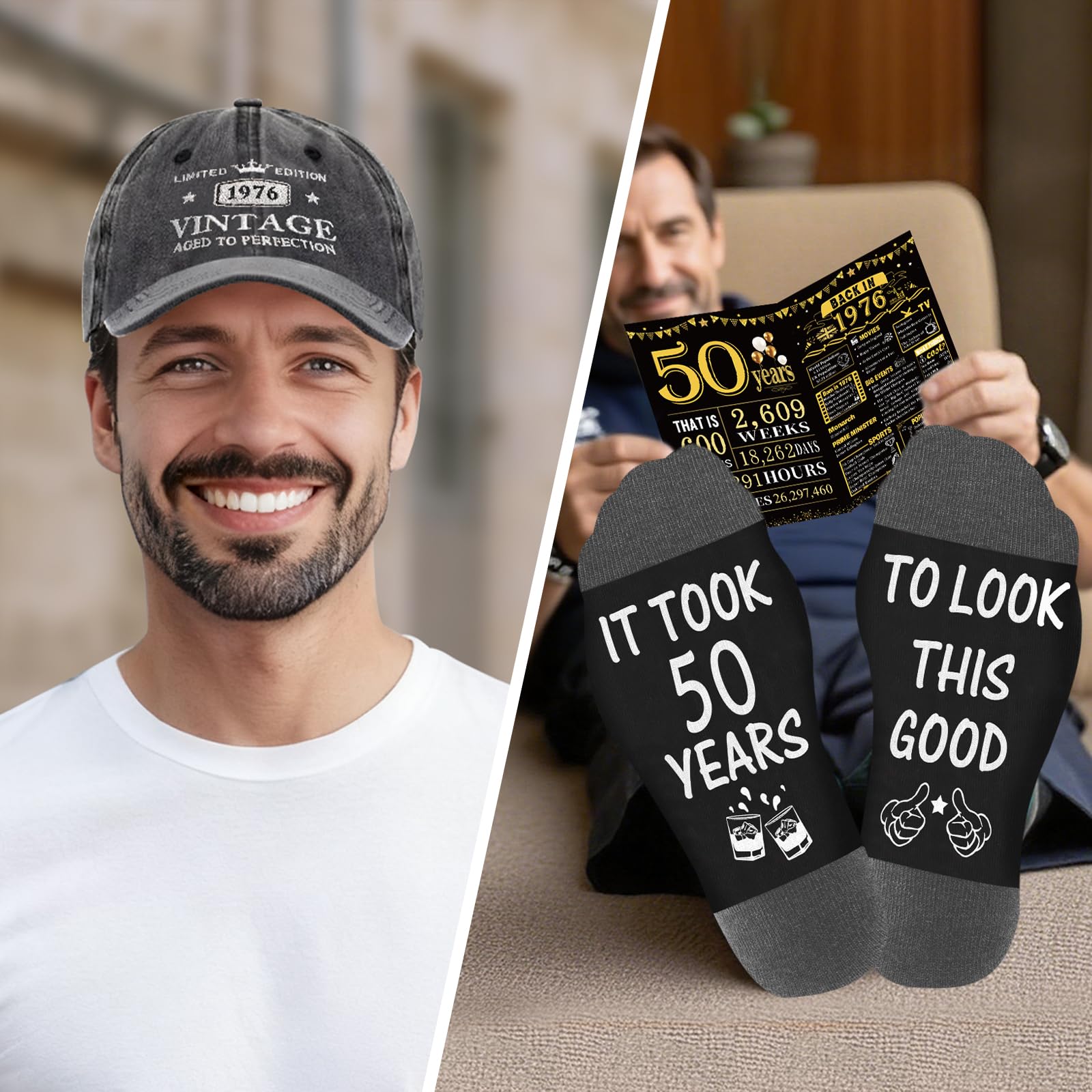 Regalos de 50 cumpleaños para él, decoraciones de feliz cumpleaños 50 para hombres, regalos de 50 años para hombre que lo tiene todo, cestas de regalo de 50 cumpleaños de 1976 para hombres, gorra de