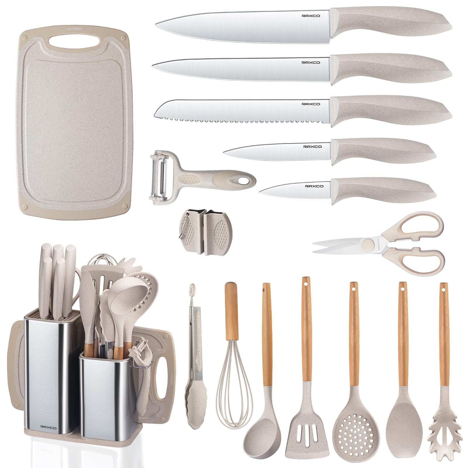 RAXCO Set di coltelli da cucina con blocco, 18 pezzi di utensili da cucina con 5 coltelli e 7 spatole in silicone (Giallo Paglia)