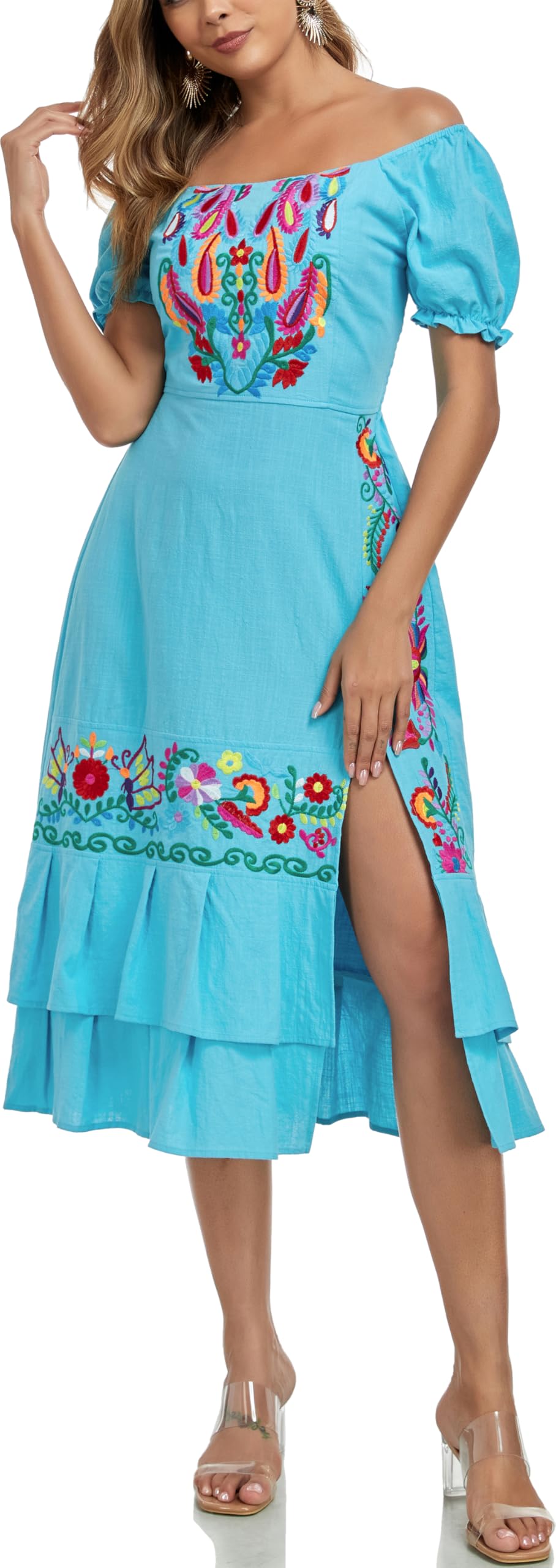 YZXDORWJ Mexican Dress for Women Boho Embroidered Sexy Ruffle Maxi Dress Short Sleeve Summer Beach Wedding Party Dress