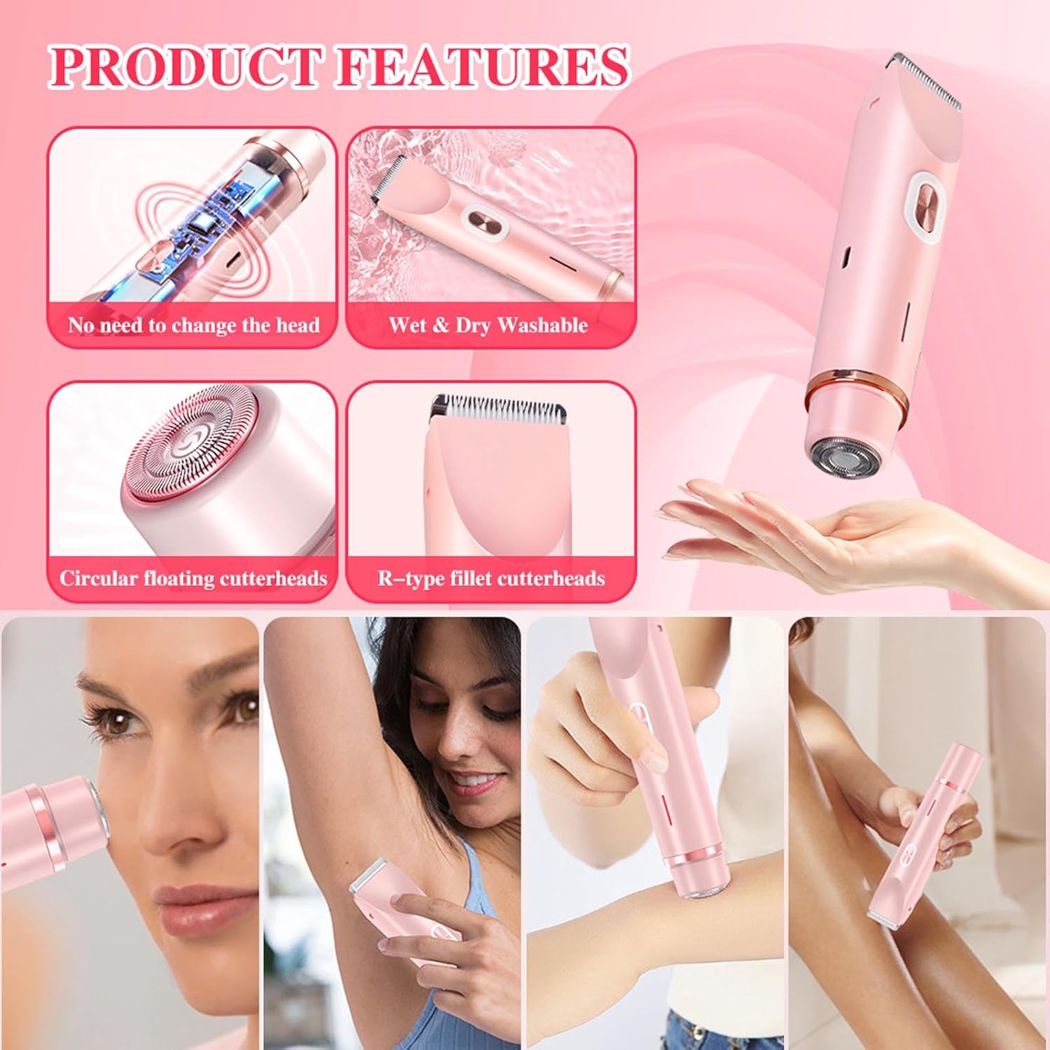 JTLB Electric Bikini Hair Trimmer USB Rechargeable IPX7 Water Proof Dual Head Hair Trimmer for Underarms Legs Arms Face (Pink)