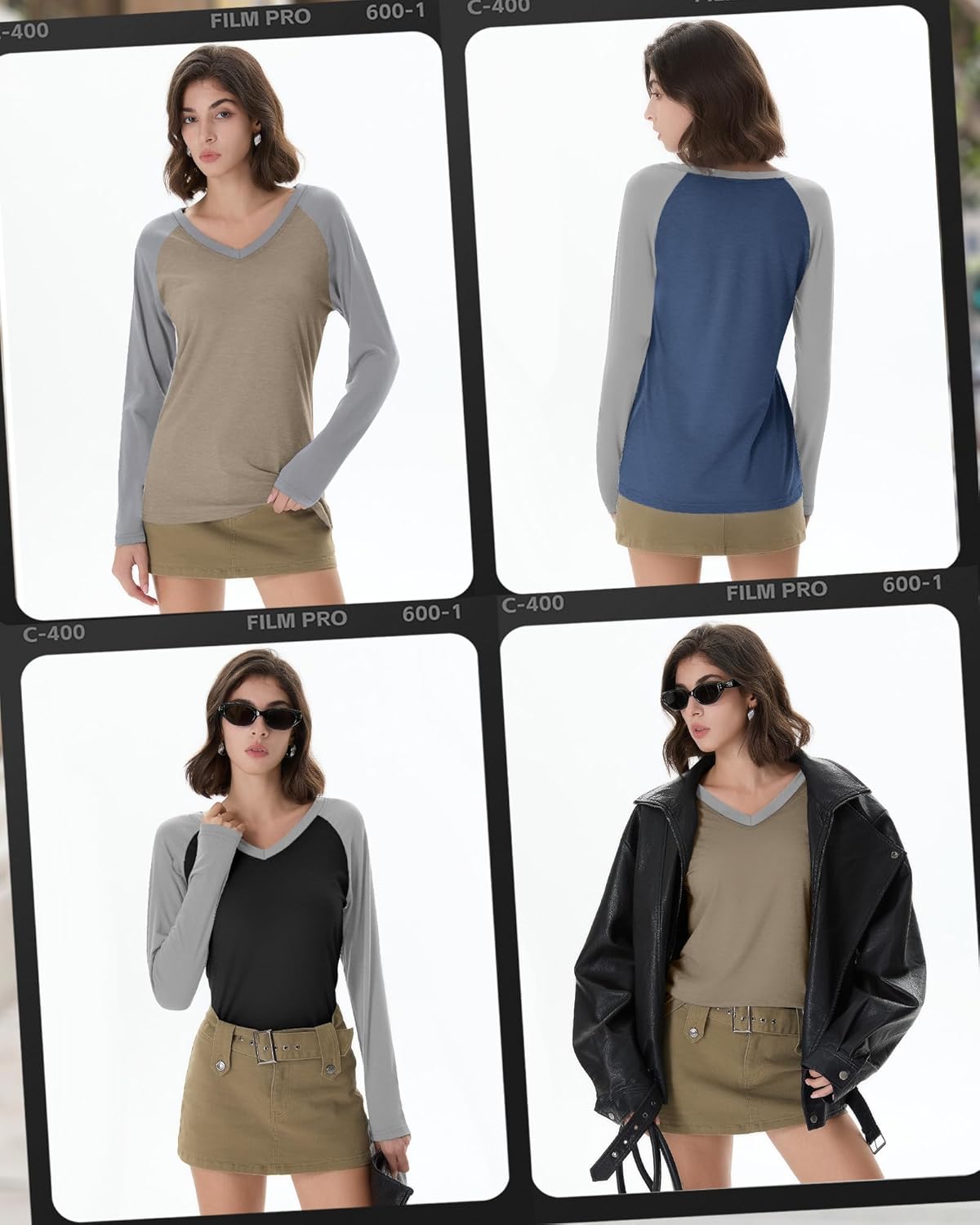 3 Pack Women's V Neck Long Sleeve Shirts, Raglan Color Block Tees Baseball Style Loose Casual Tops - Image 5